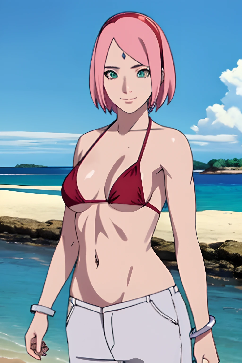 masterpiece, 4k, portrait, cowboy shot, professional artwork, detailed beach background, intricate details, colorful, digital blending, (ultra detailed body, ultra detail hair, ultra detail face), trending on pixiv, kind smile, best quality, anime style: 1.9, 1girl, hires, haruno sakura, (forehead mark, milf, red hairband, pale skin, small breasts, short hair, ((bare neck, red (micro) bikini top, (bikini top only)), white pants), (navel, belly button, bracelet, pink hair, closed mouth, big eyes), smile, beach, wind, floating hair, detailed arms, off-shoulders, broad shoulders, (slightly muscular arms, slightly strong biceps), (dirty armpits, armpit pocket), standing)