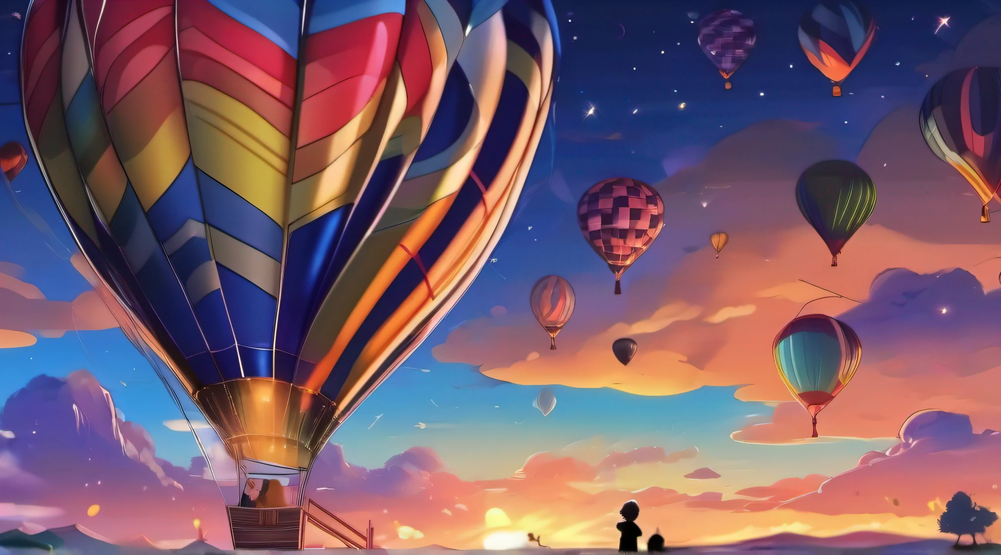 balloon festival, many tourists, sunset gives way to night, a starry sky begins to emerge, immersive image, anime style, book cover style