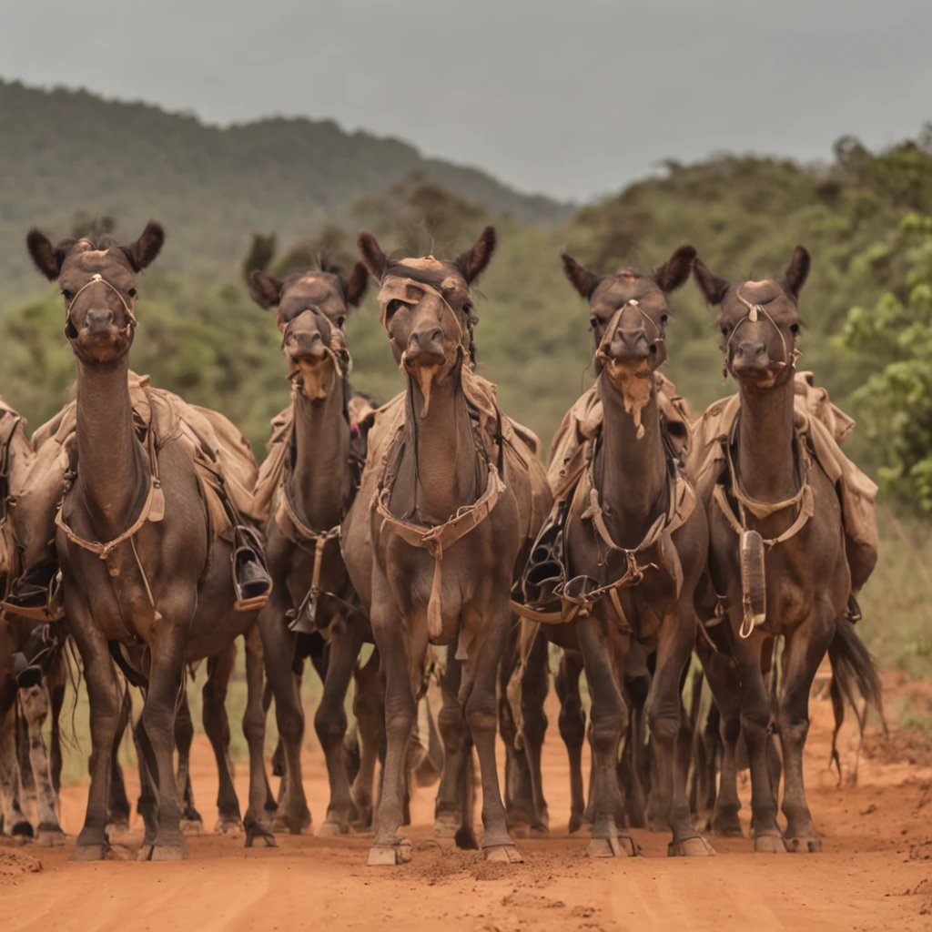 ( A group of ten cangaceiros are standing on a dirt road in the backlands of northeastern Brazil) | ( CCavalos armas), Cinematic 8K
