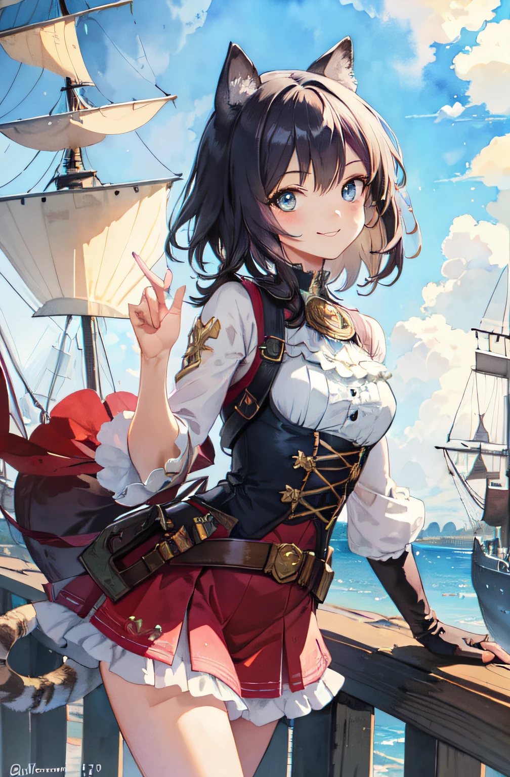 (super detailed), (watercolor texture), ((1 girl), adventurer, catgirl, ship, exploration, perfect eyes, smiling, 19th century, masterpiece,