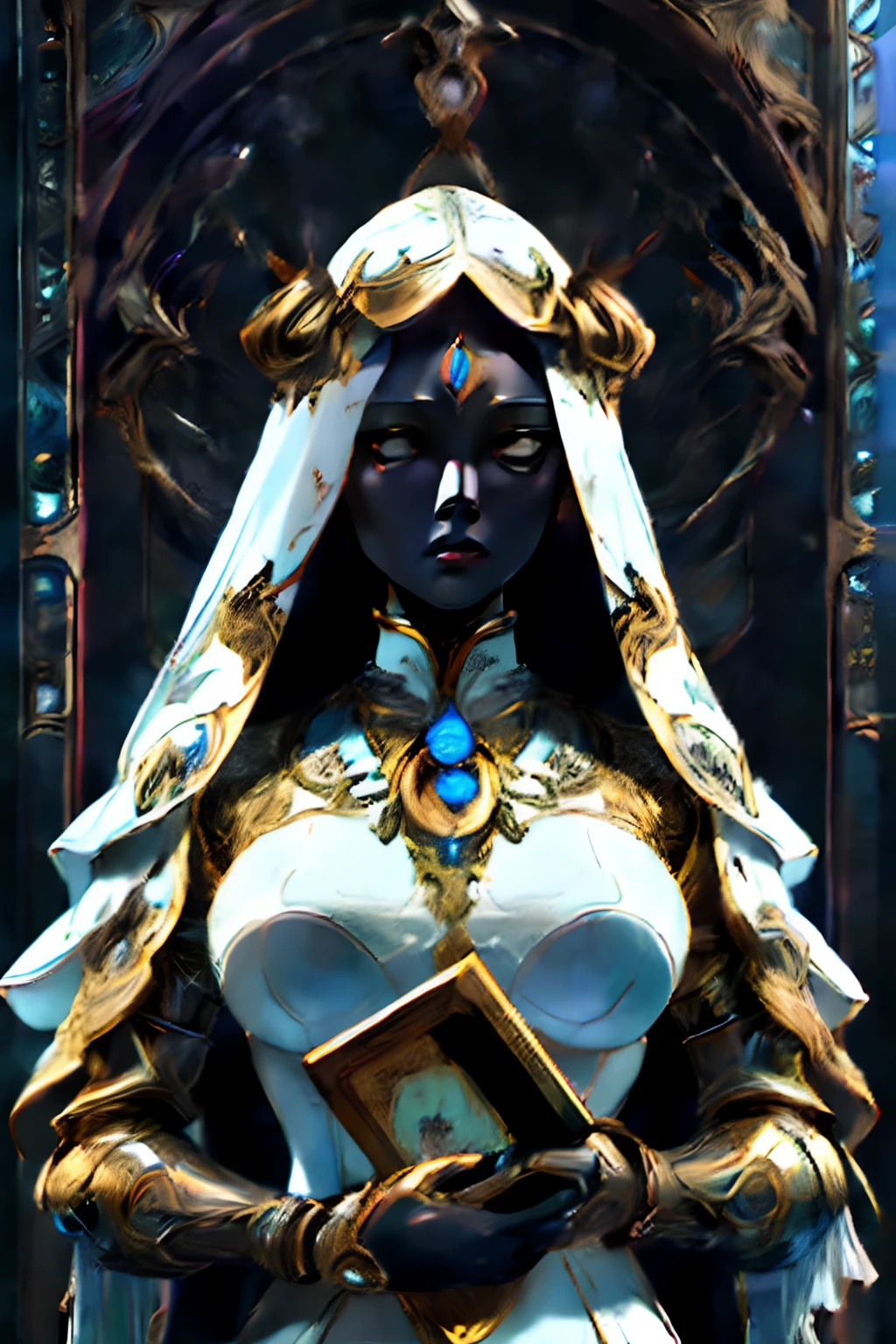 Masterpiece of an assertive, gold and porcelain female robot with a (black porcelain emotionless face and pure white eyes), wearing a veil, grotesque, detailed clothing realistic, intricate stained glass background, holding a book in one hand - high quality, best quality, rococo, ghzel,