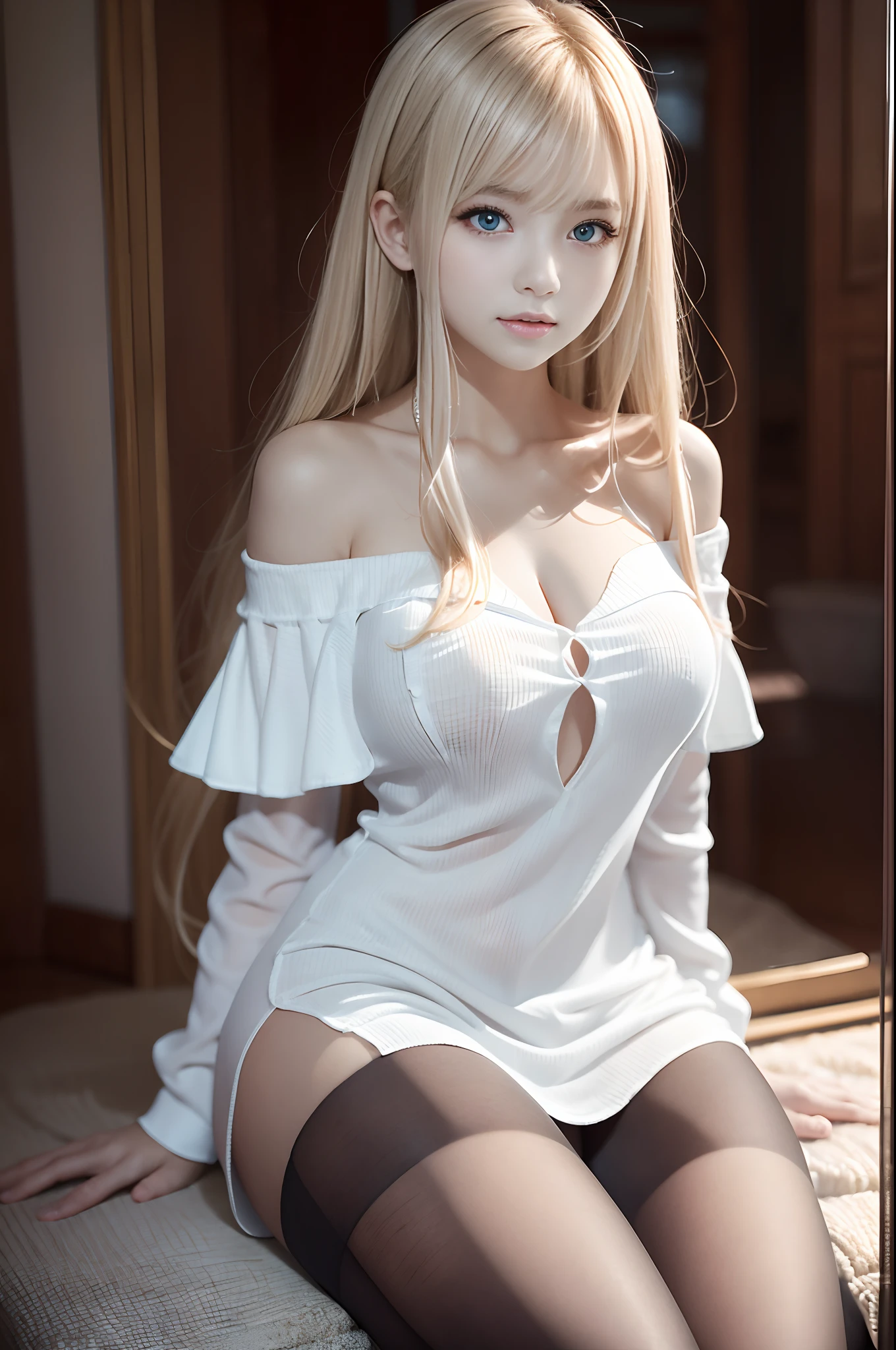 bright expression、Young shiny shiny white shiny skin、Best Looks、Blonde reflected light、Platinum blonde hair with dazzling highlights、shiny light hair,、Super long silky straight hair、Beautiful bangs that shine、Glowing crystal clear attractive big blue eyes、Very beautiful nice cute girl、Lush bust,Beautiful detailed eyes, beautiful detailed nose,(( Full body:1.5)),Makeup that the eyes emphasize、,(Women like Joan of Arc)、Royal style,Comic style, , Sub-surface scattering, ornate detail, nature backdrop, Hyper-realistic, ((Cinematic)), Dramatic Lighting, masutepiece、((Off-the-shoulder white shirt dress:1.4))、((Fight on the battlefield))、(Loose and fluffy perm:1.4)、1 girl in、((Bob Hair:1.3))、Ultra realistic 8K CG, Picture-perfect face, flawless, clean, masutepiece, Professional artwork, famousartwork, Perfect face, Beautiful face, Beautiful eyes, ((Perfect female body)), Solo,(Immersive atmosphere, Chiaroscuro:1.5,Bright light:1.2,Luminous lighting),(blush:0.5),fascinated expression,Extremely detailed_Eyes,thick thighs,Large breasts,beautifullydetailedbackground,depth of fields,Realistic:1.3, longshot,Sitting, Full body, (ambient lights:1.3),(Cinematic composition:1.3),(Neon light:0.1),(nffsw:0.1),Accent Lighting, pantyhose,