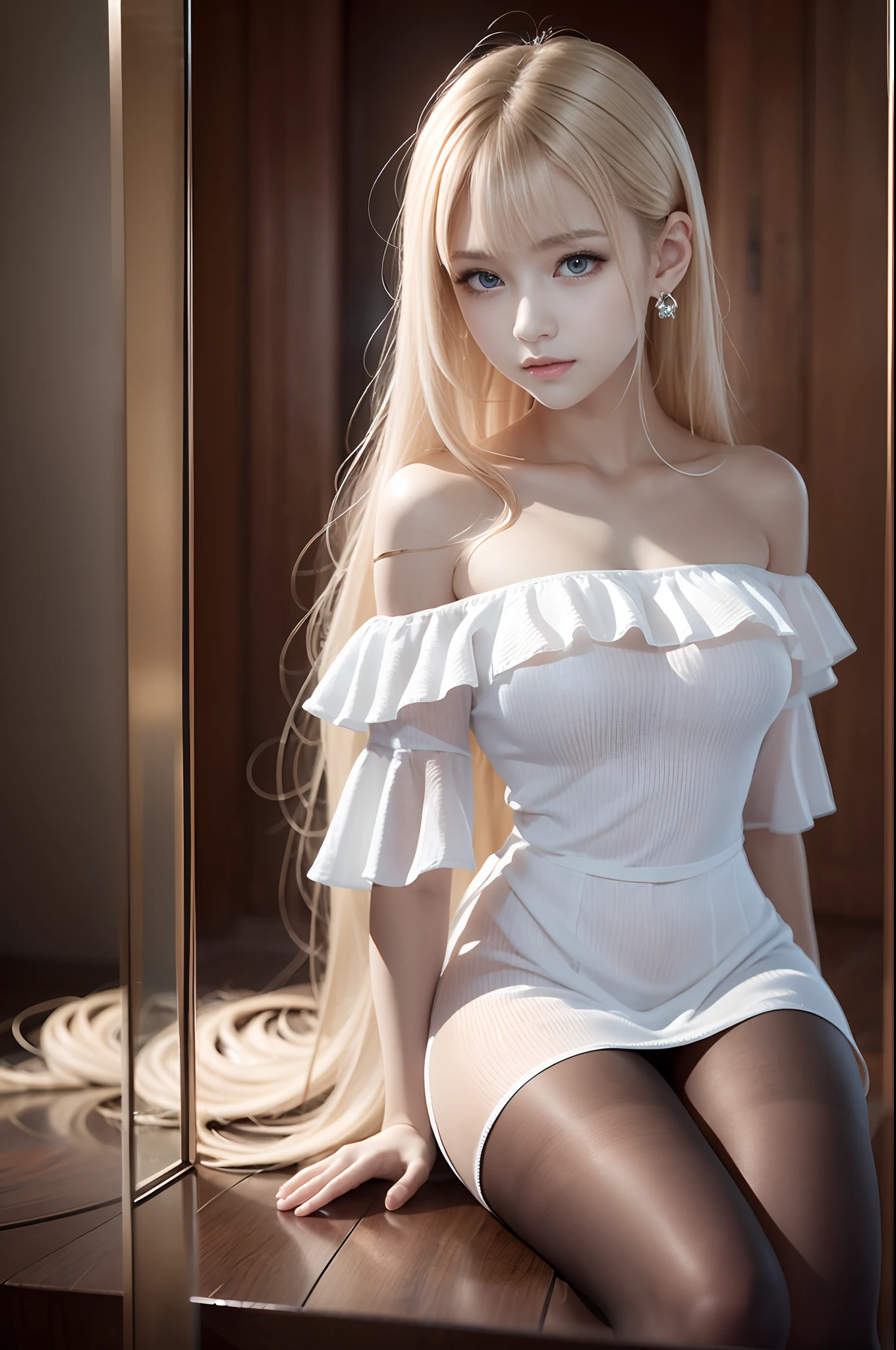 bright expression、Young shiny shiny white shiny skin、Best Looks、Blonde reflected light、Platinum blonde hair with dazzling highlights、shiny light hair,、Super long silky straight hair、Beautiful bangs that shine、Glowing crystal clear attractive big blue eyes、Very beautiful nice cute girl、Lush bust,Beautiful detailed eyes, beautiful detailed nose,(( Full body:1.5)),Makeup that the eyes emphasize、,(Women like Joan of Arc)、Royal style,Comic style, , Sub-surface scattering, ornate detail, nature backdrop, Hyper-realistic, ((Cinematic)), Dramatic Lighting, masutepiece、((Off-the-shoulder white shirt dress:1.4))、((Fight on the battlefield))、(Loose and fluffy perm:1.4)、1 girl in、((Bob Hair:1.3))、Ultra realistic 8K CG, Picture-perfect face, flawless, clean, masutepiece, Professional artwork, famousartwork, Perfect face, Beautiful face, Beautiful eyes, ((Perfect female body)), Solo,(Immersive atmosphere, Chiaroscuro:1.5,Bright light:1.2,Luminous lighting),(blush:0.5),fascinated expression,Extremely detailed_Eyes,thick thighs,Large breasts,beautifullydetailedbackground,depth of fields,Realistic:1.3, longshot,Sitting, Full body, (ambient lights:1.3),(Cinematic composition:1.3),(Neon light:0.1),(nffsw:0.1),Accent Lighting, pantyhose,