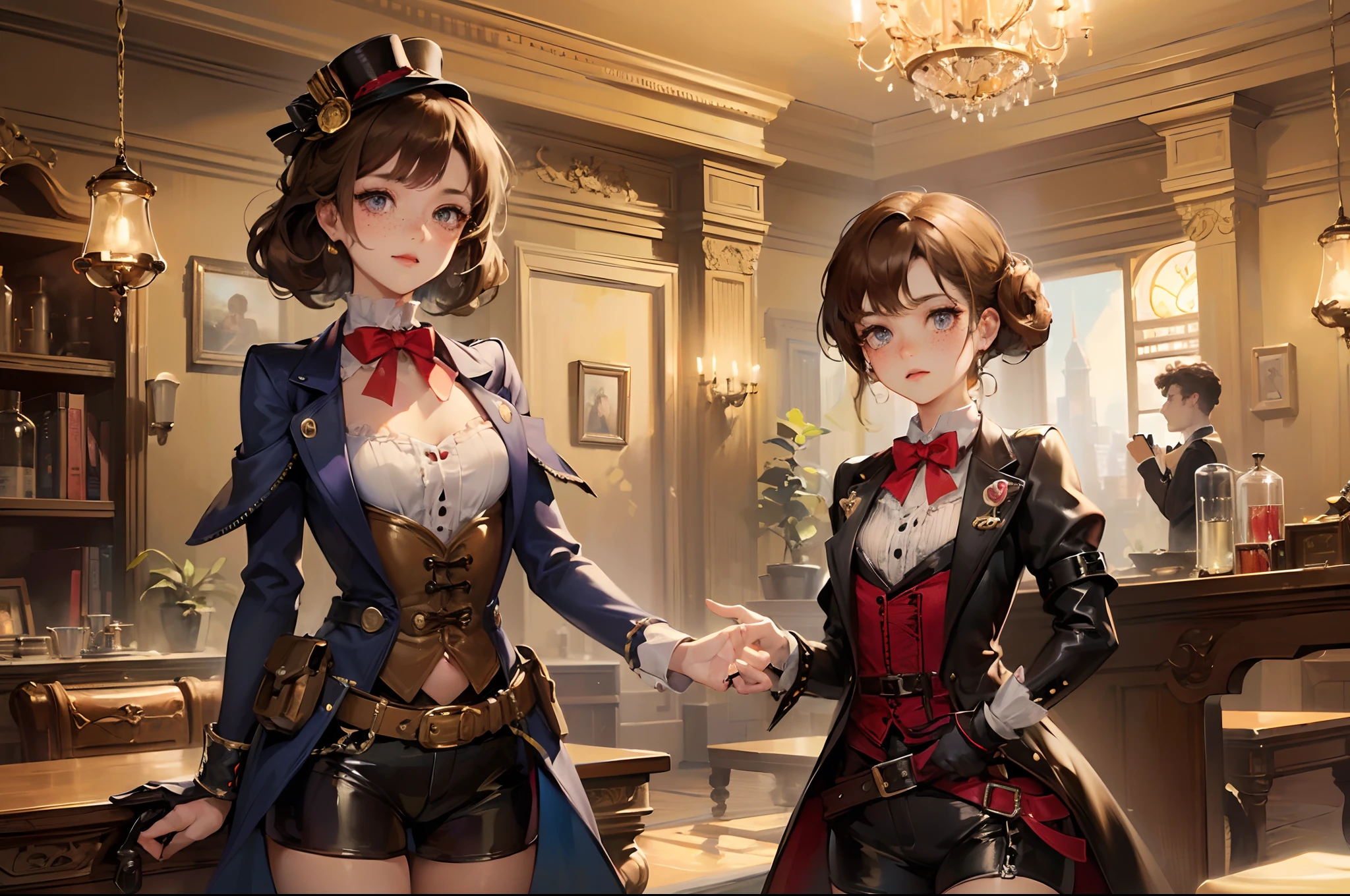 (masterpiece:1.4), (best quality:1.4), (high-resolution:1.2), (1 cute woman:1.4), short, flat chest, short curly brown hair, freckles, purple eyes with a gold glow, steampunk goggles. steampunk/victorian scientist, kawaii