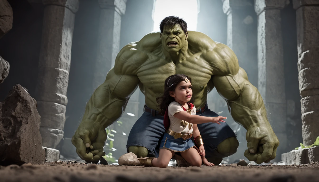 Incredible Hulk and Wonder Woman's children discover their hidden powers while exploring an ancient temple, mystical artifacts, glowing symbols, magical creatures, sibling teamwork, epic adventure, Marvel/DC crossover, cinematic illustration, trending on Artstation.