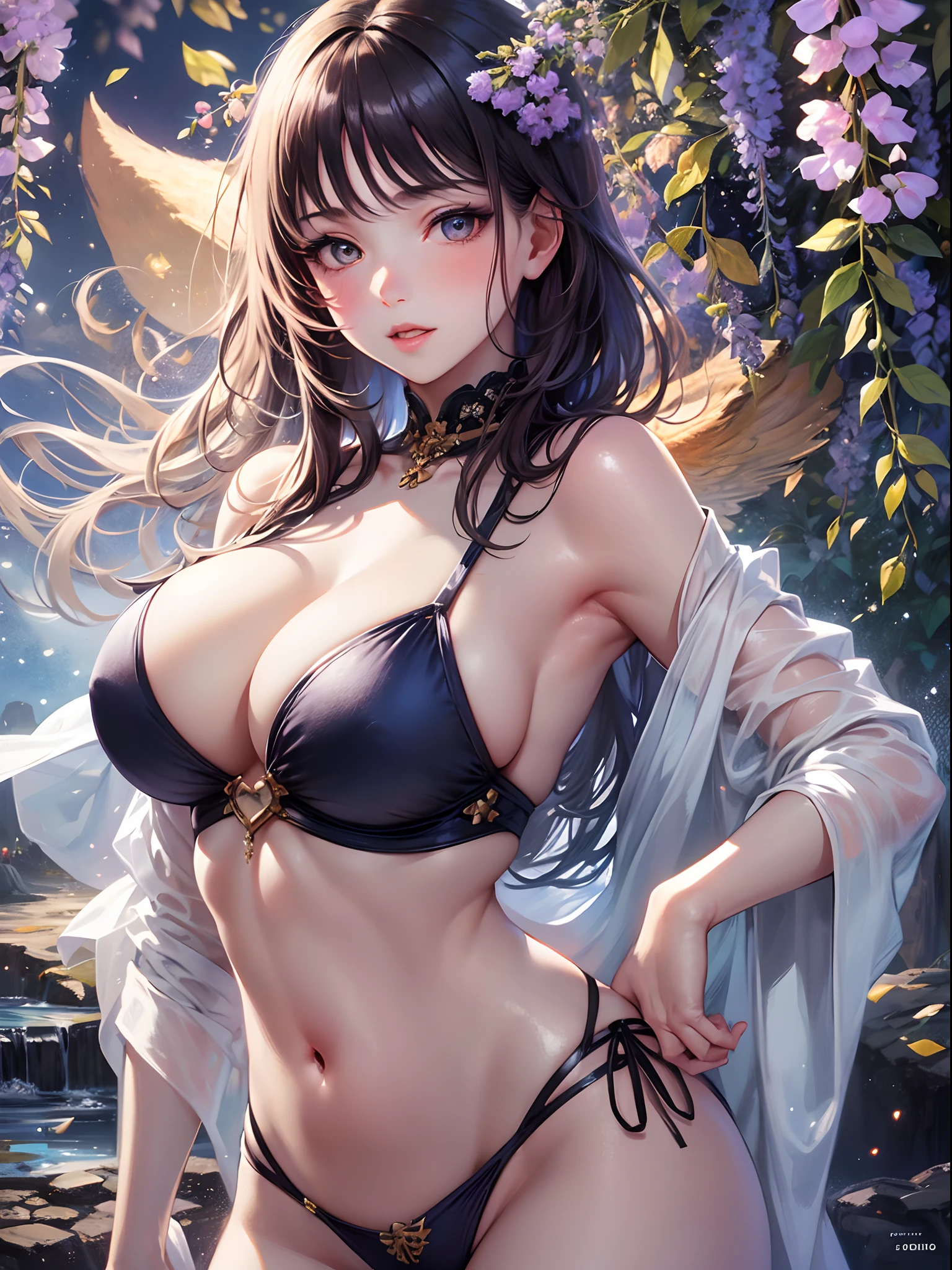 There is a woman in a blue swimsuit, Naughty swimwear,, Japan Girl, Japan women, Japan style, shores, Glittering beaches, mare, Water splashes are flying, Nasty swimsuit, Obscene swimsuit, portrait photo, A Princess, goddes, beautiful brunette girl, oriental girl, master work, The highest image quality, hightquality, high detailing, 超A high resolution, 8K resolution, depth of fields, Cinematography, intricate detailes, Elaborate, meticulous, Magnificent, Maximum Detail, Extreme beauty, (((1girl in, Solo))), 18year old, White skin, Realistic, masutepiece, (The highest image quality), hightquality, high detailing, 超A high resolution, the panorama, Exquisite facial features, Perfect face, Glowing skin, Dreamy background, Women, girl with, angelicales, mini girls, goddes, bard, Shy, Surprise, sharp and clear focus, three-dimensional silhouette, correct proportions, Realistic portrait, Face Close-up, a very temperamental beautiful girl, Slender figure, Exquisite facial features, extremely detailed hair description, (鎖骨), Perfect face, clean and flawless face, long eyelashes, shallow dimples, watery big eyes crystal clear, delicate cream Glowing skin like skin, detailed skin details, CFG scale: 8,(A beautiful girl with large breasts and a wisteria flower in her hair),(She wears a blue bikini、lips slightly apart,),(Her navel is visible), a dream-like atmosphere with vibrant colors and soft lighting,1girl in,alraune, flower,Large breasts, Navel,,wisteria, Parted lips,