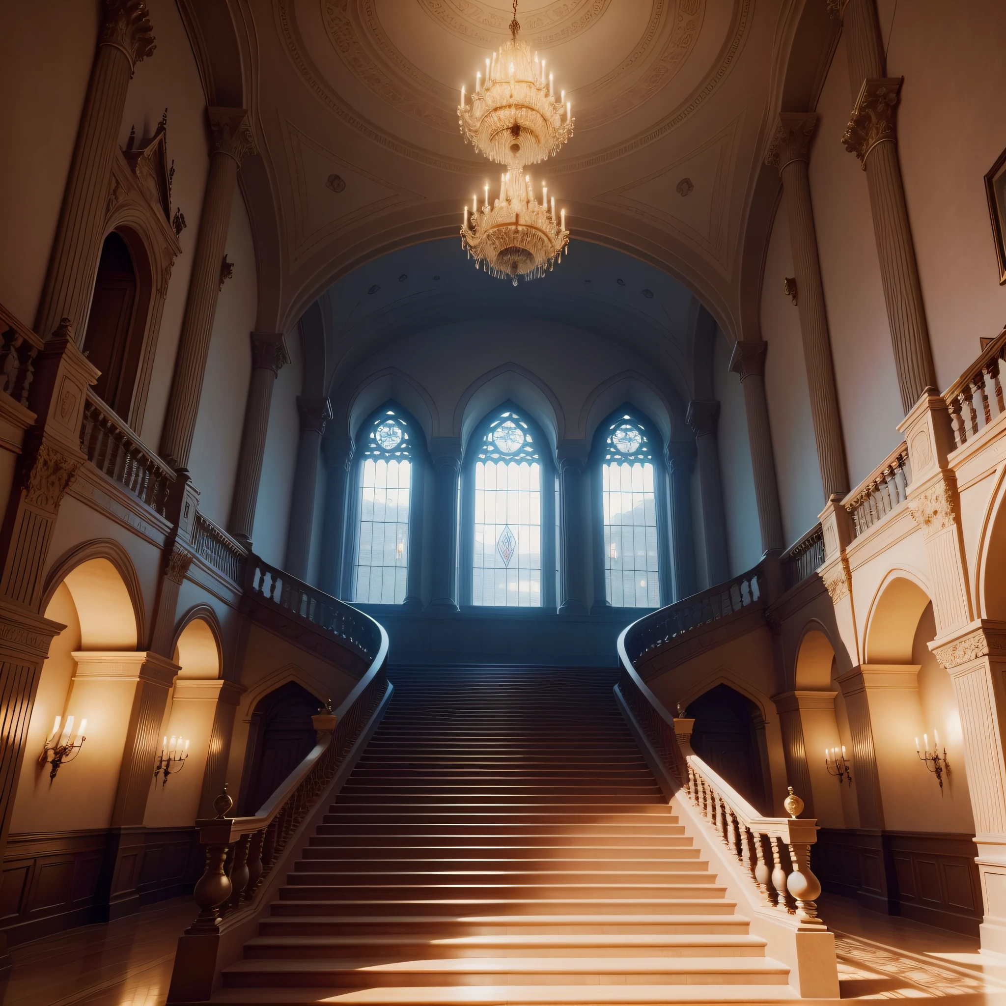 Inside a huge castle Super huge staircase palatial palace mirai in isekai top-quality masterpiece Beautiful world chandeliers cyberpunked Huge space