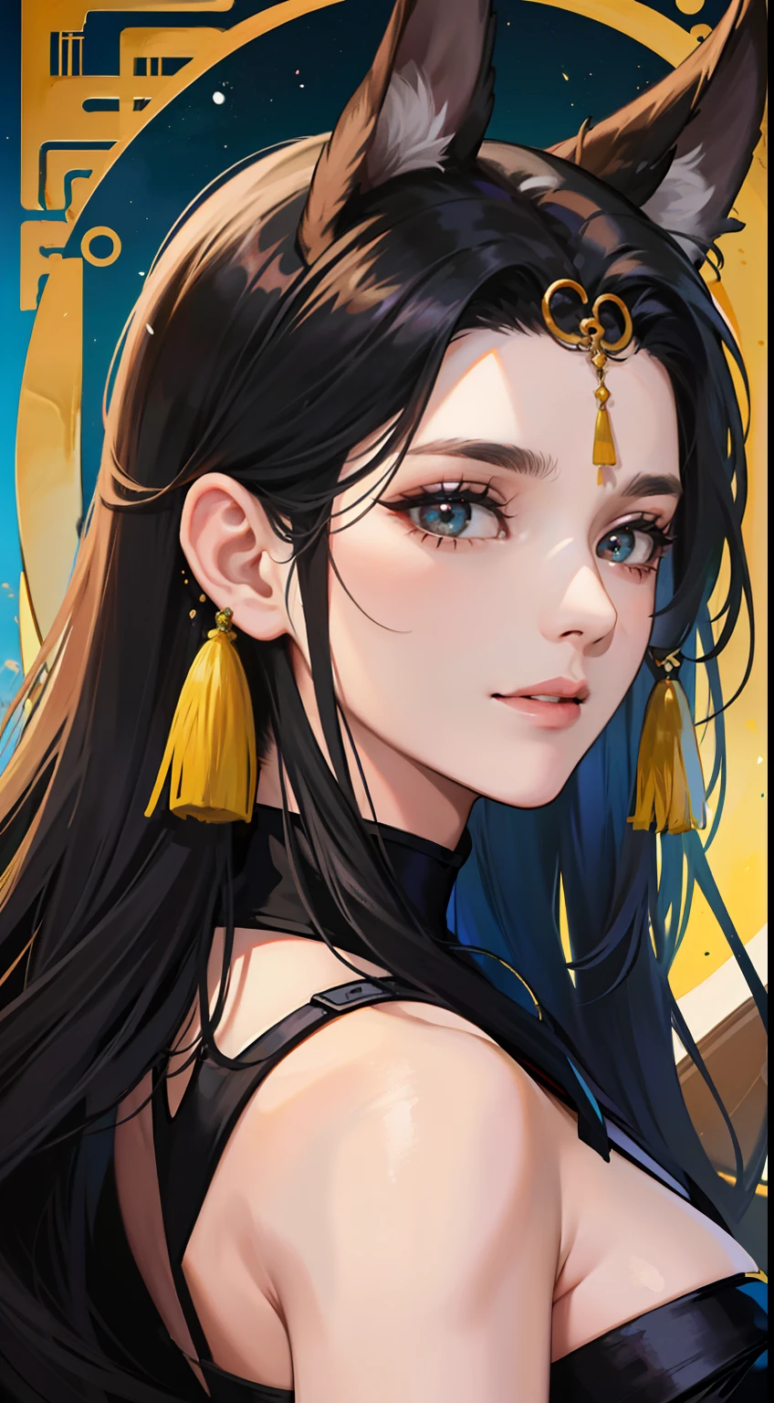Mulher adulta, cabelo preto longo, olhos azuis, orelhas de raposa brancas, Hunfa wuxia aberto, seios abertos, seios grandes, sorriso, obra-prima, alta qualidade,Well-lit Cenarium,deleitando-se comendo uvas
