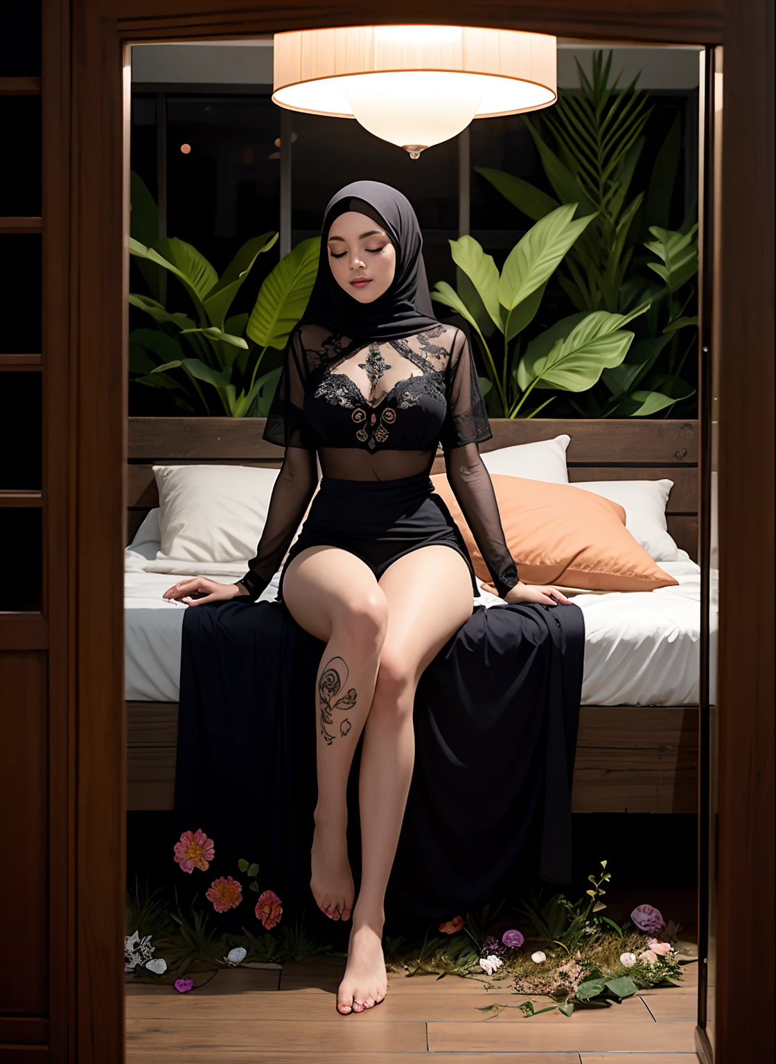 1 sexy malay girl with forest clothes and hijab, flowers, leaves, mandalas, fractal,, Sleeping Beauty, by Bella🦋 full body, beautiful girl sleeping, room with mirror, girl sleeping on bed and sheets, old clock and lamp on table, full body, black hijab, Transparent clothing,open legs, view of pubic hair, 1 sexy girl in transparent forest clothes,exposed breasts, open transparent t-shirt,mandala and flower tattoos, La mejor calidad, Obra maestra, llustration, muy delicado y hermoso, muy detallado, CG, Unidad, Fondo de pantalla de 8k, ridiculous, huge filesize, lente muy ancha, Luz suave,Sleeping Beauty, by Bella🦋 full body, beautiful girl sleeping, full body, black hair, Transparent clothing, slight smile,, open legs, view of pubic hair, 1 sexy girl in transparent forest clothes,exposed breasts, open transparent t-shirt,mandala and flower tattoos, La mejor calidad,