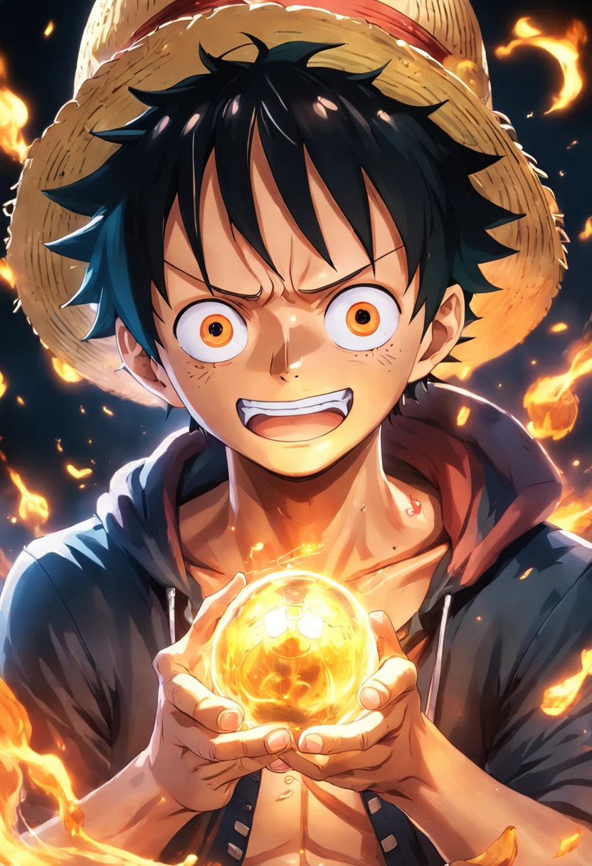 One Piece anime character Luffy soft lighting, colorido, good composition, Luz das estrelas ao redor, Negligencia, camisa fechada, Imagens de anime, Cicatrizes sob os olhos, Preparando-se para lutar, olhos amarelos --auto