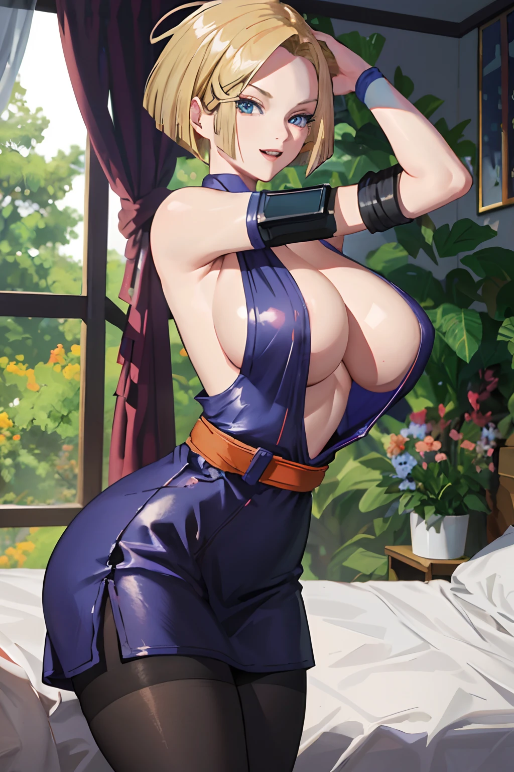 (((Android 18))), masterpiece, best quality, cowboy shot, 1girl, solo, saiyan armor, armor, black skirt, dress, wristband, black pantyhose, leggings, boots, bedroom background, indoors, nighttime, smile, happy, (Huge Breasts), wide hips, curvy, thin waist, looking at viewer, bare shoulders, blonde hair, medium hair, full Body