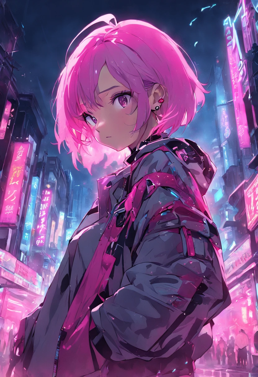 (masterpiece, best quality, night, silver hair:1.4), (cowboy shot:1.8), 8k, absurdres, beautiful girl, (wearable computer:1.6), cyberpunk, cyber goth, (cyberpunkoutfit, fluorescence pink accent, glowing pink lines on short jacket:1.4), neon, bracelets and choker, (glowing, glow, film grain, chromatic aberration:2), (asian shopping district, street, buildings, skyscraper:1.2), makeup, very small mechanical device, (cyan earrings:1.3), sharp focus, dark background, perspective, depth of field, (rain, fog, bleach bypass, HDR, facelight, sharp focus, dynamic lighting, cinematic lighting, professional shadow, extreme detailed, finely detail, real skin:0.8), (detailed eyes, sharp pupils, realistic pupils, dark back ground:0.6), (glitch effect:0.6)