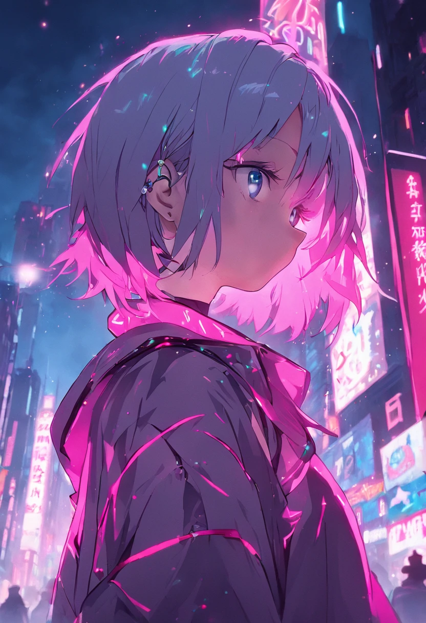 (masterpiece, best quality, night, silver hair:1.4), (cowboy shot:1.8), 8k, absurdres, beautiful girl, (wearable computer:1.6), cyberpunk, cyber goth, (cyberpunkoutfit, fluorescence pink accent, glowing pink lines on short jacket:1.4), neon, bracelets and choker, (glowing, glow, film grain, chromatic aberration:2), (asian shopping district, street, buildings, skyscraper:1.2), makeup, very small mechanical device, (cyan earrings:1.3), sharp focus, dark background, perspective, depth of field, (rain, fog, bleach bypass, HDR, facelight, sharp focus, dynamic lighting, cinematic lighting, professional shadow, extreme detailed, finely detail, real skin:0.8), (detailed eyes, sharp pupils, realistic pupils, dark back ground:0.6), (glitch effect:0.6)