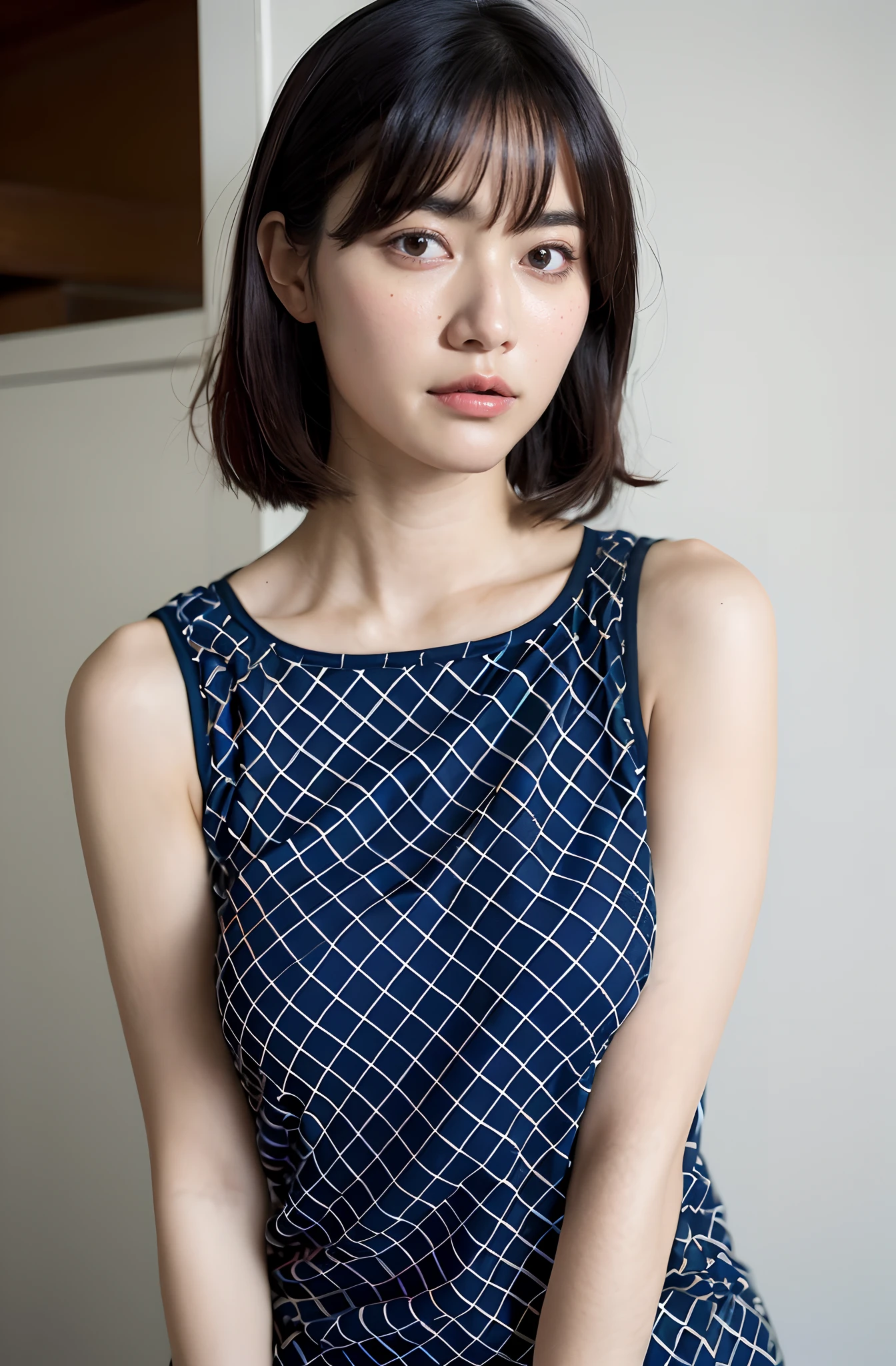8K、top-quality、masterpiece、超A high resolution、photo-like、SLR、beautiful japanese female、Elegance、There is a good、Gentle face、Beauty of the wind、Moist beauty、short-cut、Put your ears out、Keep your bangs neat and tidy、The eyes are far away、Transparent atmosphere、Beautiful face、Raised corners of the mouth、drooing eyes、Tanuki face、wrist watch、a necklace、A bracelet、Gradient lighting、Drop long bangs to the side、Girls and men、Delicate skin、Look into the distance、Brown-eyed、up chest、the shape of the chest is clear,,,,,,,,,,,,,,、very very gigantic boobs、breasts are large、Raw photography、(pureerosface_v1:0.5)、All-Over Print Tie-Back Halter Top、halterneck、Tieback、Sleeveless、no sleeves、Sleeveless camisole、sleeve less、halterneck、tight fitted、white clothes、、Round Neck、Sexy clothes、Sheer feeling、Take your eyes off、subject、Lean、Look here、Ass big、big butts、bbw、Office fire escape、Fire escape in the building、Staircase landing、laugh、