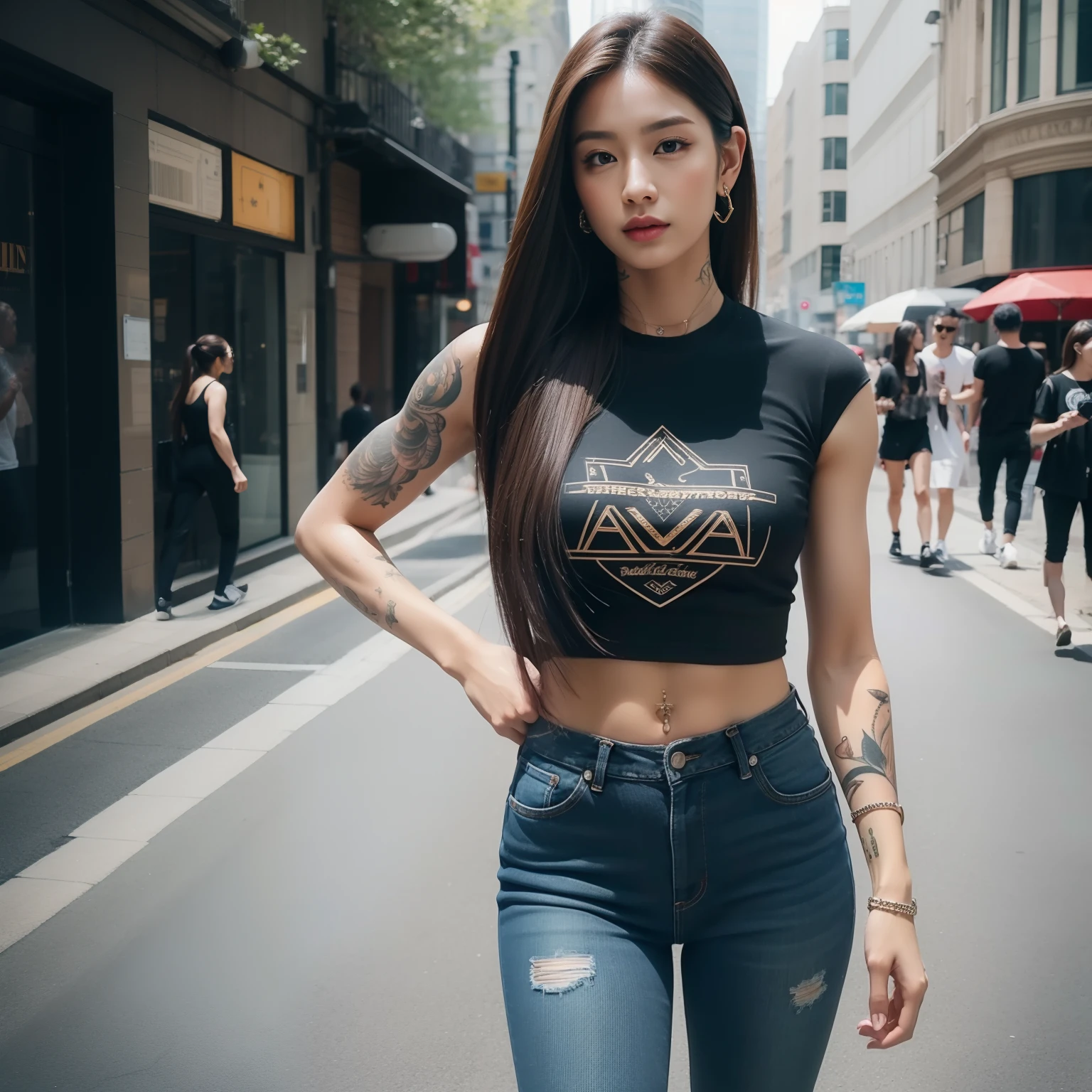 best quality, masterpiece, highres, 1girl, Beautiful face, photorealistic, 8k, UHD, long hair, ponytail, tattooed, muscular, toned abs, sweat, Asian, female, dark skin, (high detailed skin:1.2), 8k uhd, dslr, high quality, candid, Photograph, high resolution, 4k, 8k, alone, one girl, walking down the street, cropped T-shirt, black jeans,