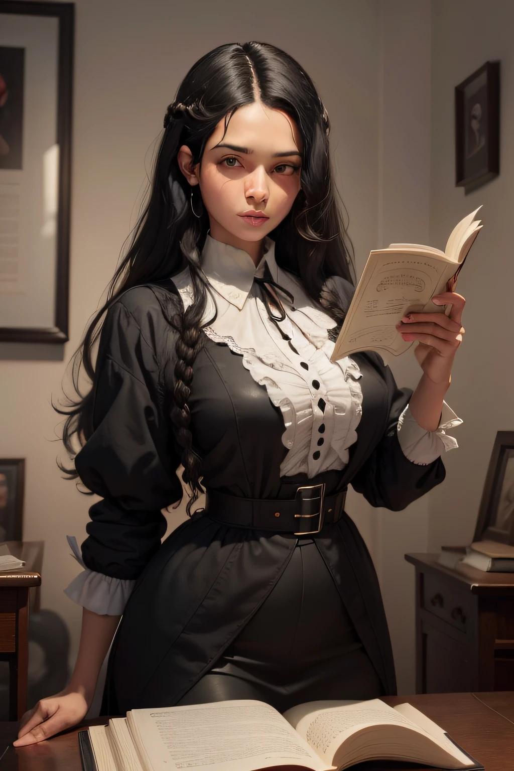Retrato de uma mulher com longo, Nineteenth-century black hair, que possui olhos escuros, and was summoned to be a Call of Cthulhu investigator she is a devout missionary