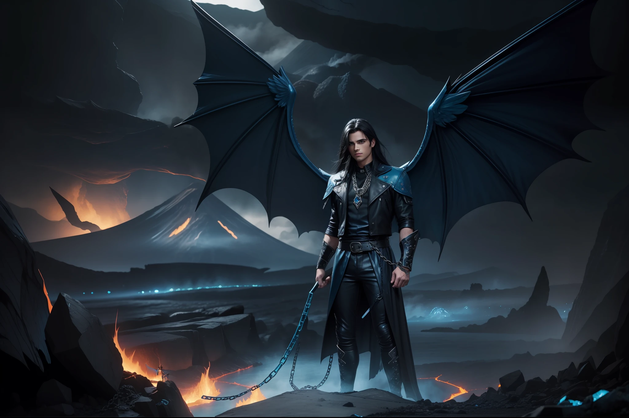 Young man as an fallen angel. Athletic, dressed with blue and black leather rags, big bat wings in sapphire and aquamarine. Long dark hair, chains, dynamic scene. Night. Lava and volcanos on the background.