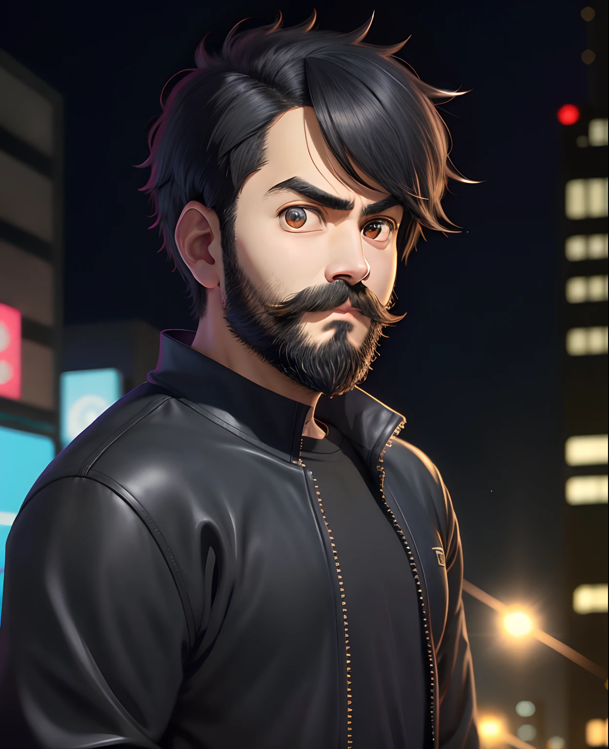 Anime, lad, round face, Short Hair Hair, Black Hair, beard, Black mustache and beard, tiny, kawaii, thin body, sparkling eyes, urban background