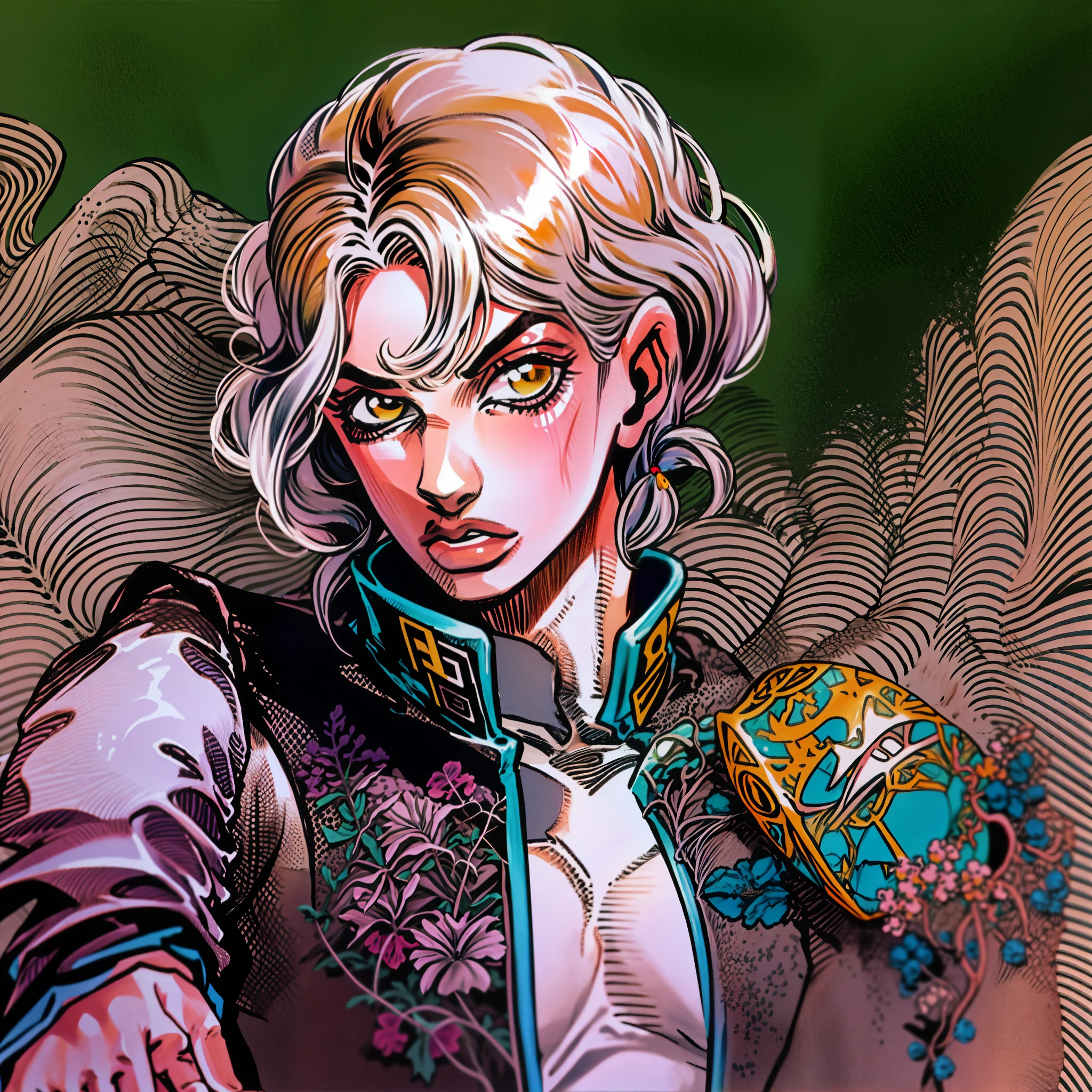 ouro, ((foco apenas)), Closeup, ((Arakistyle)) ((vestir)), usando terno preto, mid hair, Homem, split lips, Posando, Johan Liebert, Keicho Nijimura, Jojo:0.9, illustration, arte linear, bold coloration, obra-prima, Manga art, melhor qualidade, digitisation, tons de cor, illustration, anime, Simple coloring, fundo preto plano,