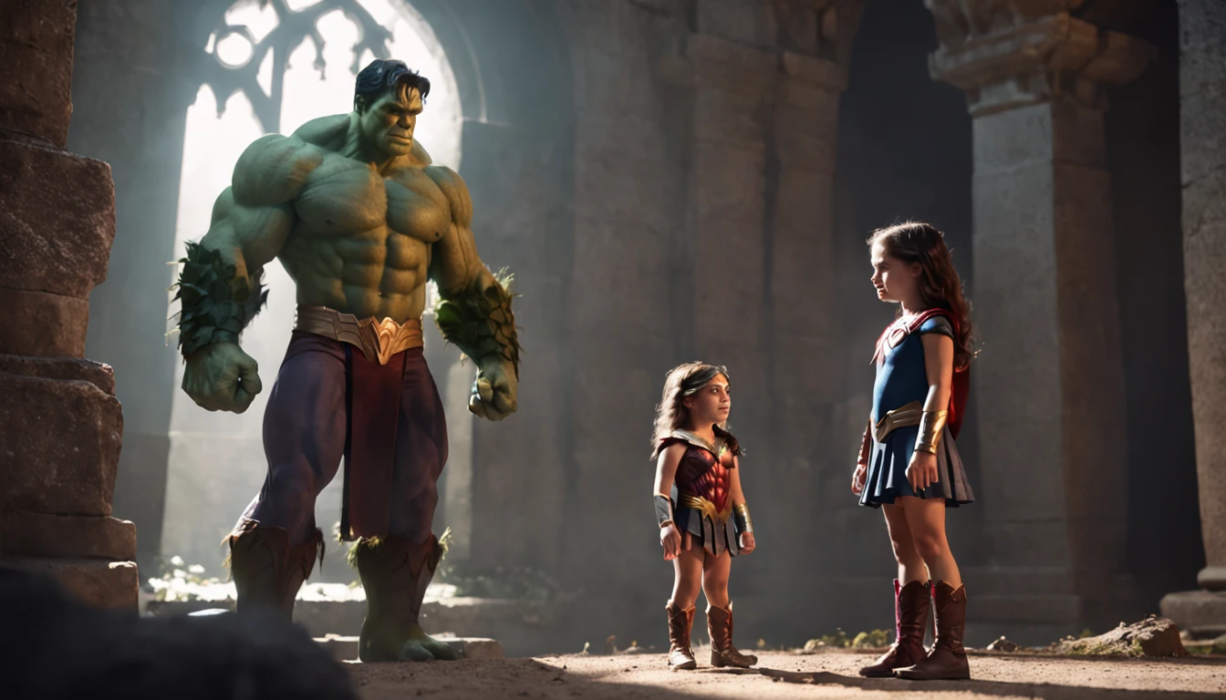 The children of the incredible Hulk and Wonder Woman discover their hidden powers while exploring an ancient temple, Mystical artifacts, glowing symbols, magical creatures, Teamwork between siblings, Epic adventure, maravilha/Crossover DC, Film illustration, trending on ArtStation.