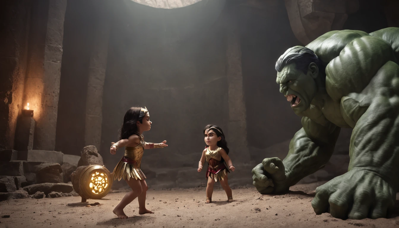 The children of the incredible Hulk and Wonder Woman discover their hidden powers while exploring an ancient temple, Mystical artifacts, glowing symbols, magical creatures, Teamwork between siblings, Epic adventure, maravilha/Crossover DC, Film illustration, trending on ArtStation.
