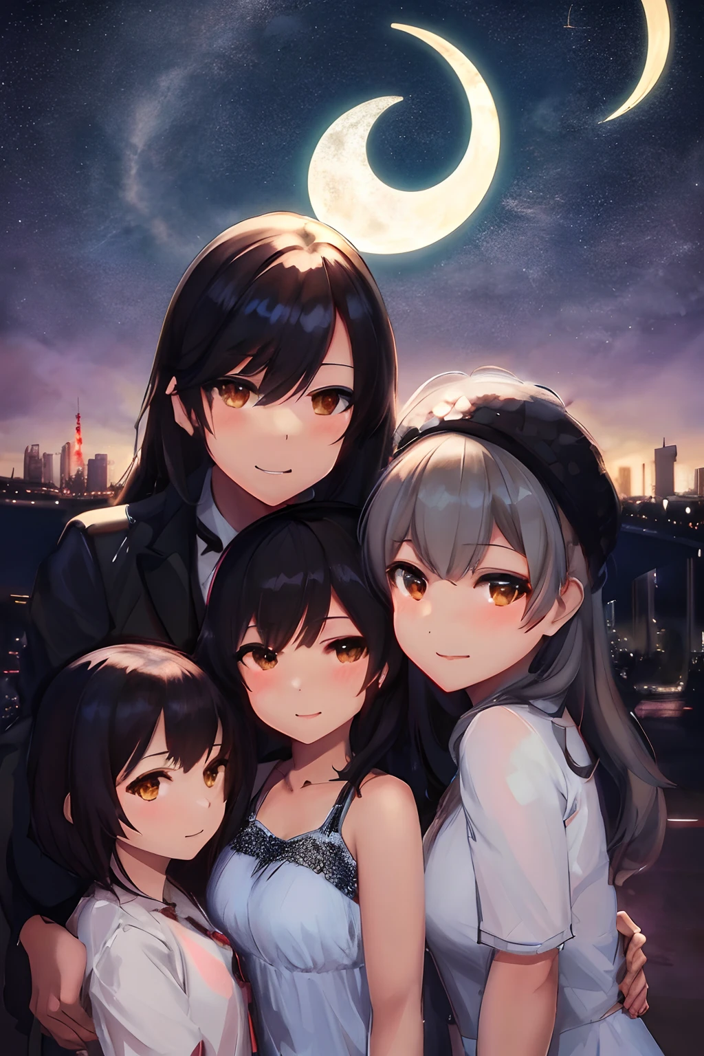 three girls and a boy are standing in front of a night sky, girls frontline universe, guweiz on pixiv artstation, girls frontline cg, 4 k manga wallpaper, artwork in the style of guweiz, best anime 4k konachan wallpaper, kantai collection style, guweiz on artstation pixiv, guweiz, girls frontline style