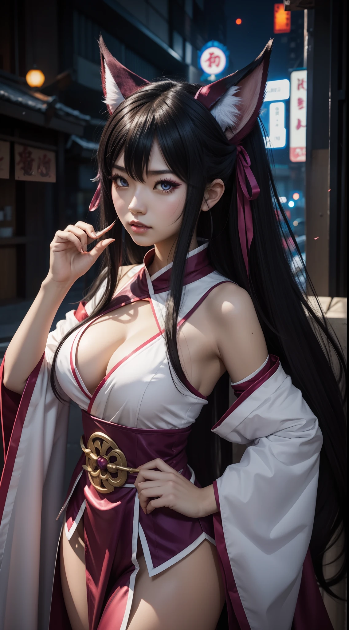 Ahri as Nezuko Kamado Demon's Slayer in a Cyber City