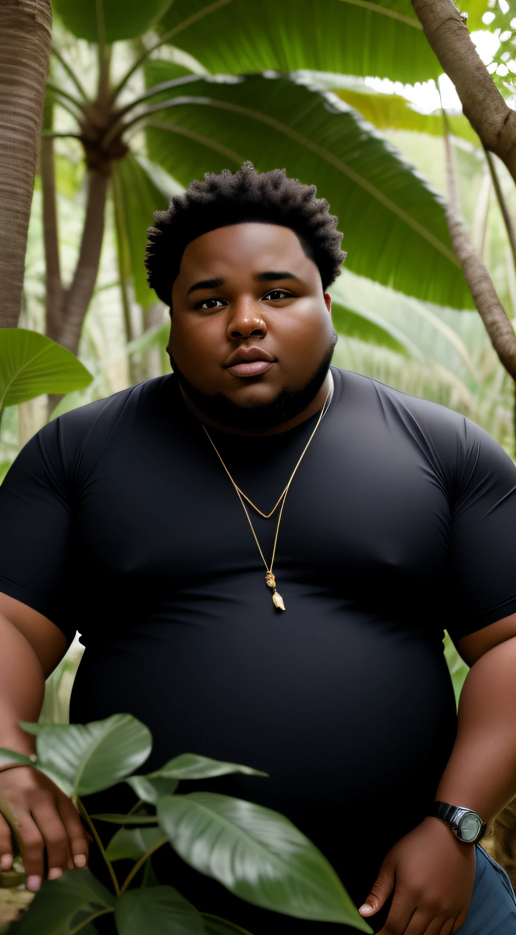 Fat black man in a jungle looking at the camera