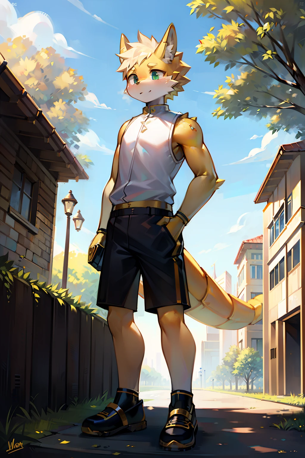Golden robot dragon，（9 ），Wear a white vest，Black  shorts，slippers，Standing in the park