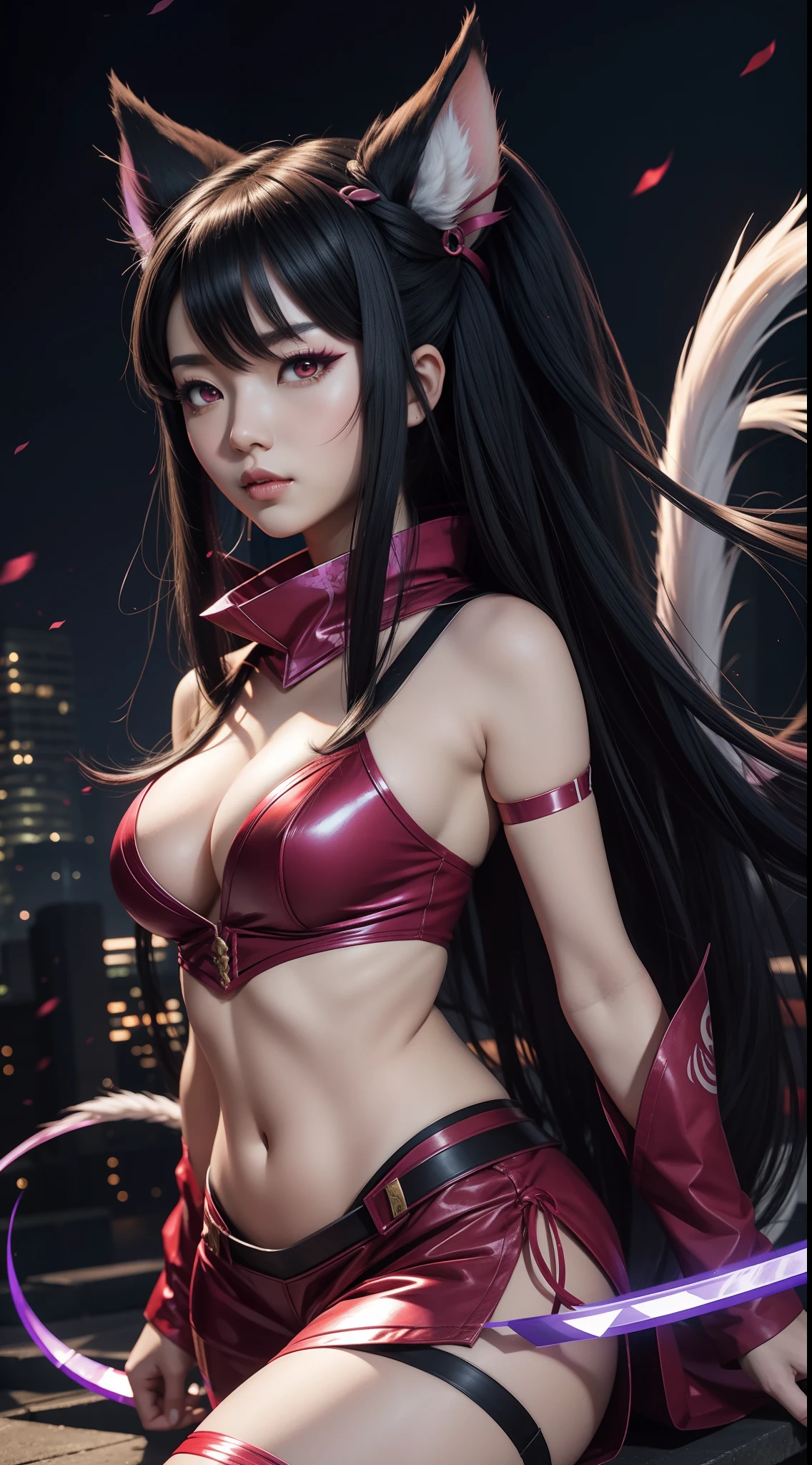 Ahri as Nezuko Kamado Demon's Slayer in a Cyber City