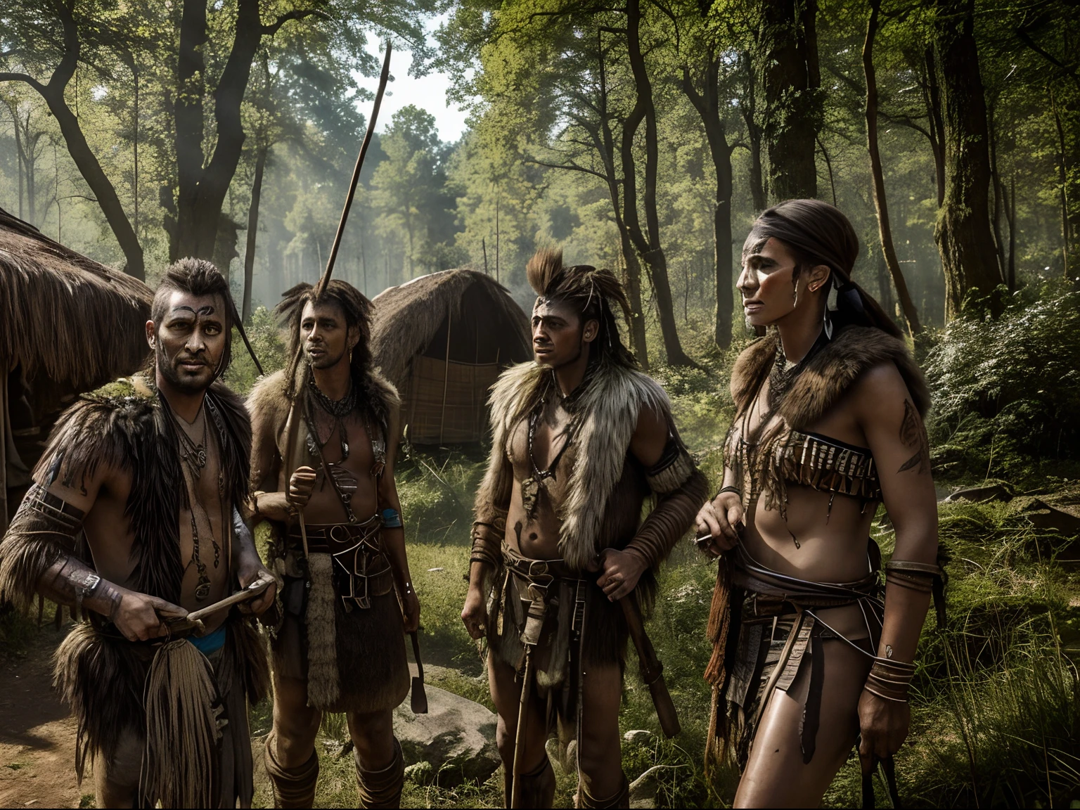 far cry, stones, Stone Age, lush forest, prehistoric tribes covered in cracking facepaint and nasty scars and adorned with various furs, bones, and sticks