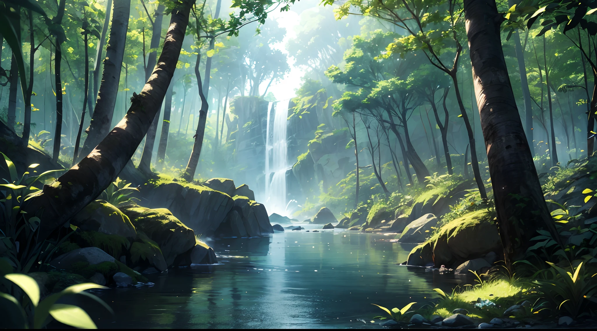 res, ultra detailed, (no human:1.3), BREAK , Create an image using a dark rainbow prism effect, with light refracting and creating ethereal cinematic appearance. BREAK , Design an image with a cinematic lens , capturing a wide field of view with a distinctive, curved perspective. BREAK , Capture a wide river,dense rainforest , with aged thick trees, rocks, waterfall,trees with colorful flowers,dappled sunlight, and a sense of tranquility and natural beauty. BREAK , Illustrate a rainforest world, using only godray shades of nature to convey depth, emotion, and a striking visual impact