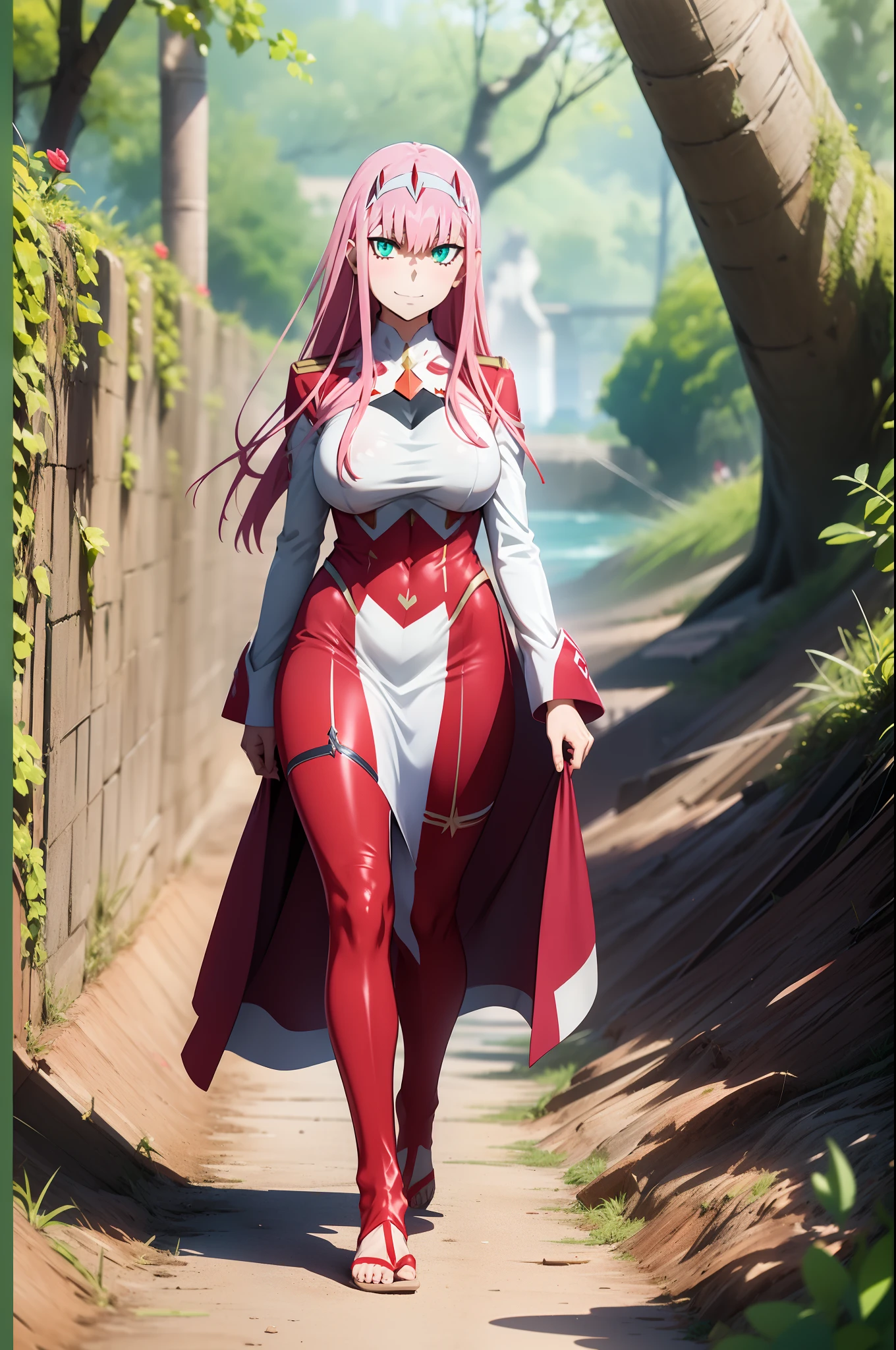 masterpiece, best quality, 1girl, looking at viewer, cute, beach, sunlight, ocean, medium breasts, thighhighs, black thighhighs, green eyes, zero two \(darling in the franxx\), pink hair, beautiful detailed eyes, beautiful detailed glow, lots of glow, arms behind head, embarrassed,, long dress, walking, long skirt, modest, victorian clothing, lodress, pants, smile, big breast, long skirt, skirt, pants, flipflops, closed vest, closed pullover, closed skirt, closed long skirt, closed large skirt, full body, village medieval,forest