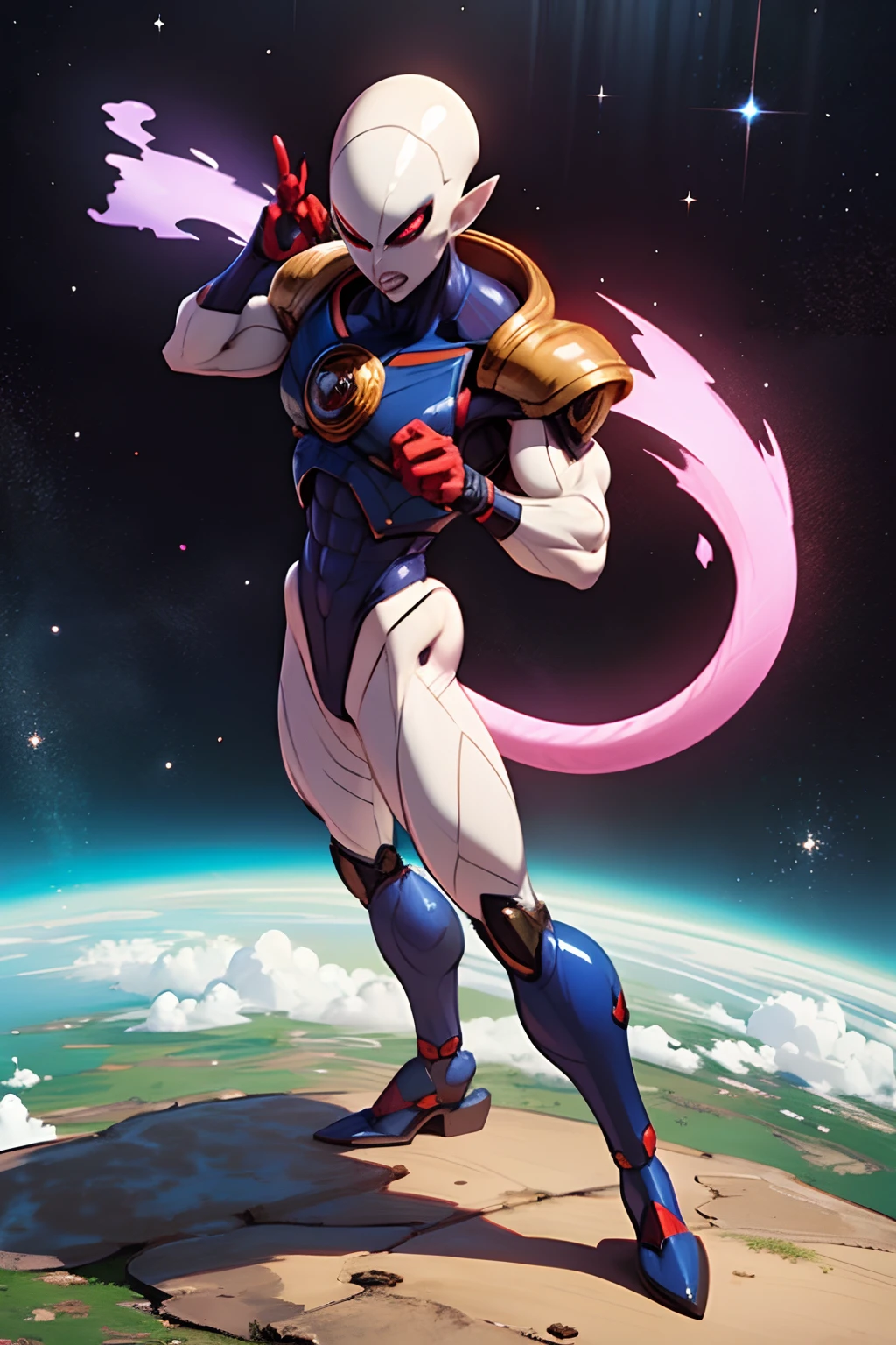 masterpiece, best quality, frieza, 1boy, clenched hands, earth \(planet\), full body, looking at viewer, male focus, tail, planet, red eyes, solo, space