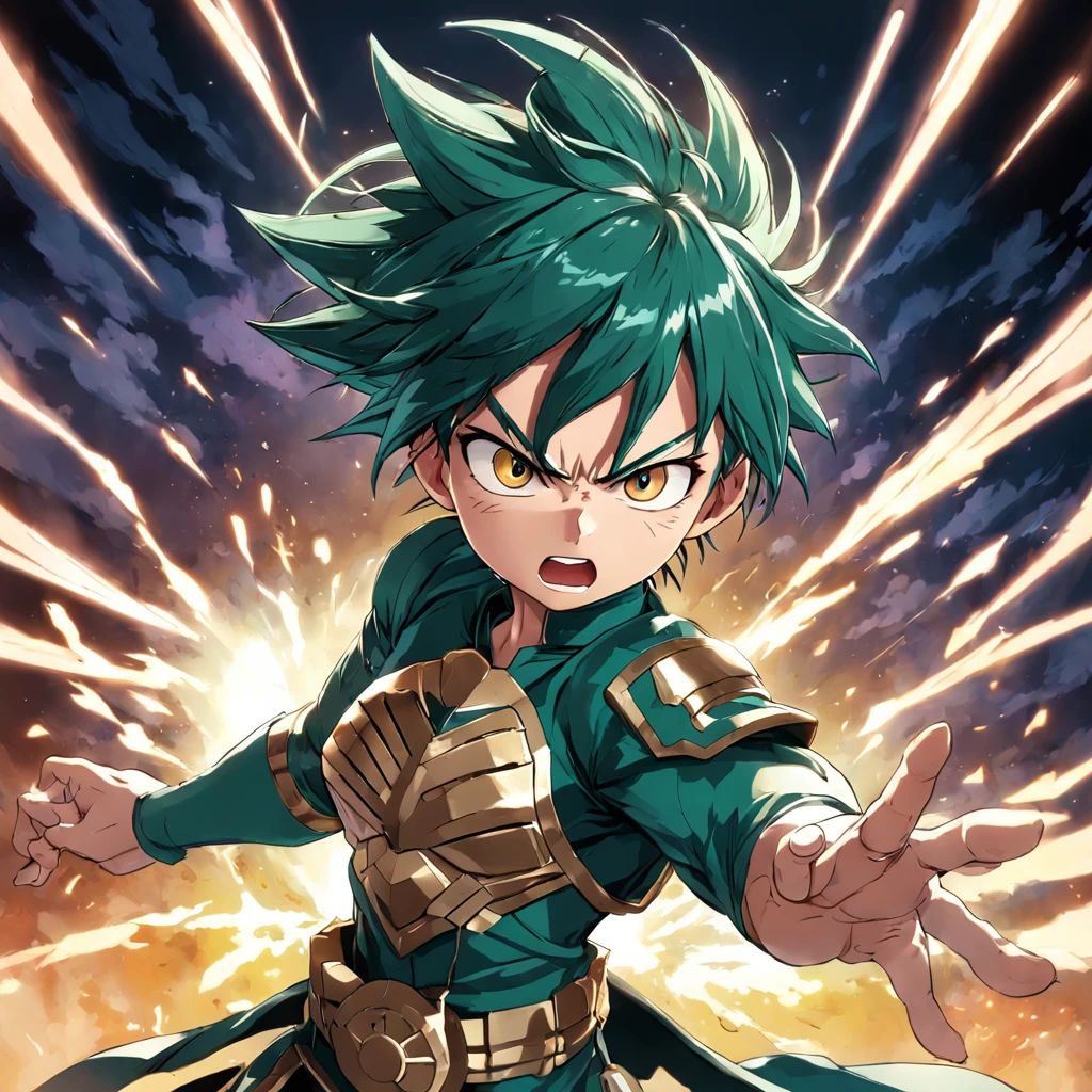 In this captivating digital illustration, Boku's Izuko Midoriya concept comes to life in an epic battle pose. Midoriya is fiercely determined, surrounded by dynamic manga-style effects. Uma aura radiante de poder a envolve, enhancing your warrior aura. Seus cabelos varridos pelo vento aumentam a intensidade da cena, How the digital domain brings out every intricate detail of your armor. A temperatura de cor inclina-se para tons frescos, enfatizando a atmosfera de batalha iluminada pela lua. His focused expression reflects the determination to overcome any challenge. Skillful lighting highlights the interplay of shadows and highlights, creating a sense of depth and action. --V 5 --Estilizar 1000