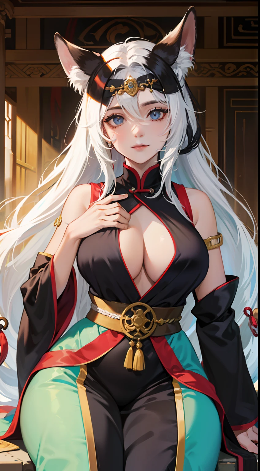 Mulher adulta, cabelo preto longo, olhos azuis, orelhas de raposa brancas, Hunfa wuxia aberto, seios abertos, seios grandes, sorriso, obra-prima, alta qualidade,Well-lit Cenarium,deleitando-se comendo uvas