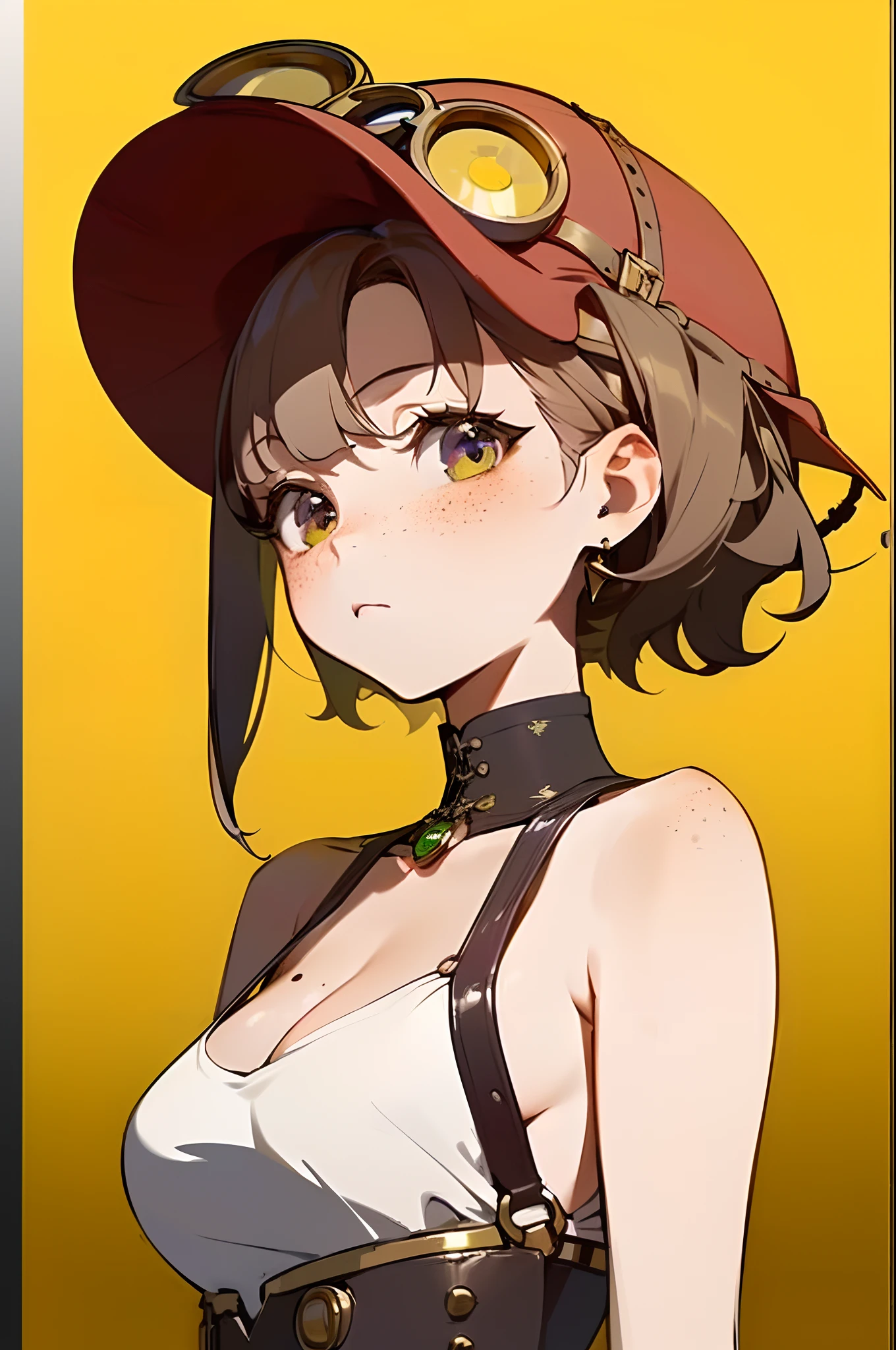 (masterpiece:1.4), (best quality:1.4), (high-resolution:1.2), (1 cute woman), short, flat chest, short curly brown hair, freckles, purple and golden multicolored eyes, steampunk goggles on head. ta scientist, Brown and white outfit, kawaii