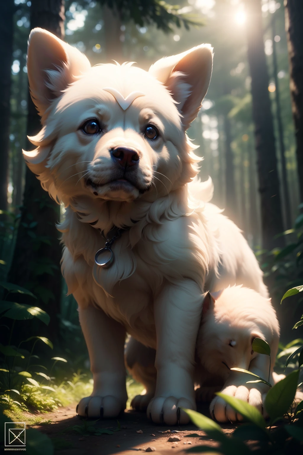 foto em close de um cachorrinho pulando muito fofo na floresta, soft volumetric lights (retroiluminação: 1.3), (kinematics: 1.2), detalhes intrincados (ArtStation: 1.3), Rutkowski various poses