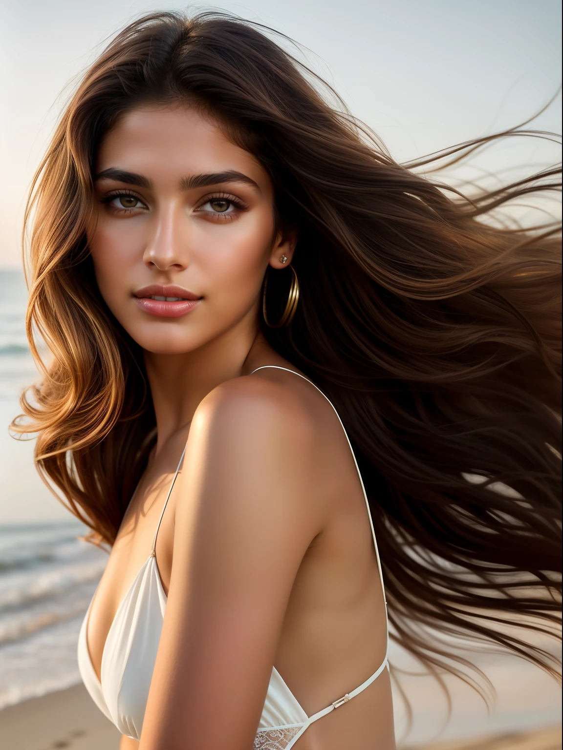 Cinematic soft lighting illuminates a stunningly detailed and ultra-realistic beautiful Middle-Eastern supermodel, beach look, long messy windy brown hair, clear honey eyes, captivating perfect smile, sensual, hot woman, gorgeous, that is trending on ArtStation. Octane is the perfect tool to capture the softest details of this 16k photography masterpiece.