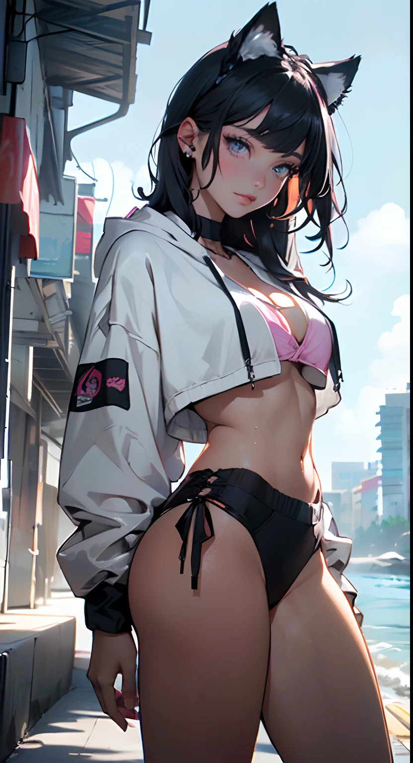 girl spacepunk,(((1girl))),((anime girl with extremely cute and beautiful black hair cat ears walking seductively down the street)),
(large breasts:1.4),saggy breasts,((((black hair,messy hair,colored inner hair,large hair,absurdly long unkempt hair:1.35,long hair,ear breathing)))),((((cat ears,cat ears on head,big cat ears)))),((pink eyes:1.3,upturned eyes:1.3,perfect eyes,beautiful detailed eyes,rainbow glows ultra-detailed deep pink purple eyes:1.1,gradient eyes:1,finely detailed beautiful eyes:1,symmetrical eyes:1,big highlight on eyes:1.2)),((fat)),(((lustrous skin:1.5,bright skin: 1.5,skin tanned,shiny skin,very shiny skin,shiny body,plastic glitter skin,exaggerated shiny skin))),(spider lower abdomen,narrow waist,wide hip,athletic body,inflated legs,delicate detailed fingers,detailed body,detailed arms,human hands,(detailed face)),
cute,slutty,seductive,erotic,(((nsfw))),
zettai ryouiki,revealing clothing,show skin,((((underboob)))),(cleavage),(semi-naked,with little clothing,((tiny thong)),bare legs,visible thong straps),((((crop top hoodie,cropped hoodie,hoodie,hoodie intricate)))),((detailed outfit,detailed clothes)),
(dynamic pose:1.0),solo focus,embarrassed,centered,scale to fit dimensions,Rule of thirds,
((((cybernetic city by the ocean,oceanfront,ocean background,cybernetic city in an alien environment full of water and vegetation)))),thick clouds,very cloudy sky,neon city,((neon theme background neon)),( (detailed background: 1.25)),
(best quality,high resolution,sharp focus,ultra detailed,extremely detailed,extremely high quality artwork,(realistic,photorealistic:1.37),8k_wallpaper,(extremely detailed CG 8k),(very fine 8K CG),((hyper super ultra detailed perfect piece)),flawless,(((masterpiece))),illustration,vibrant colors,(intricate),High contrast,Selective lighting,Double exposure,HDR (High Dynamic Range),Post-processing,Background blur,