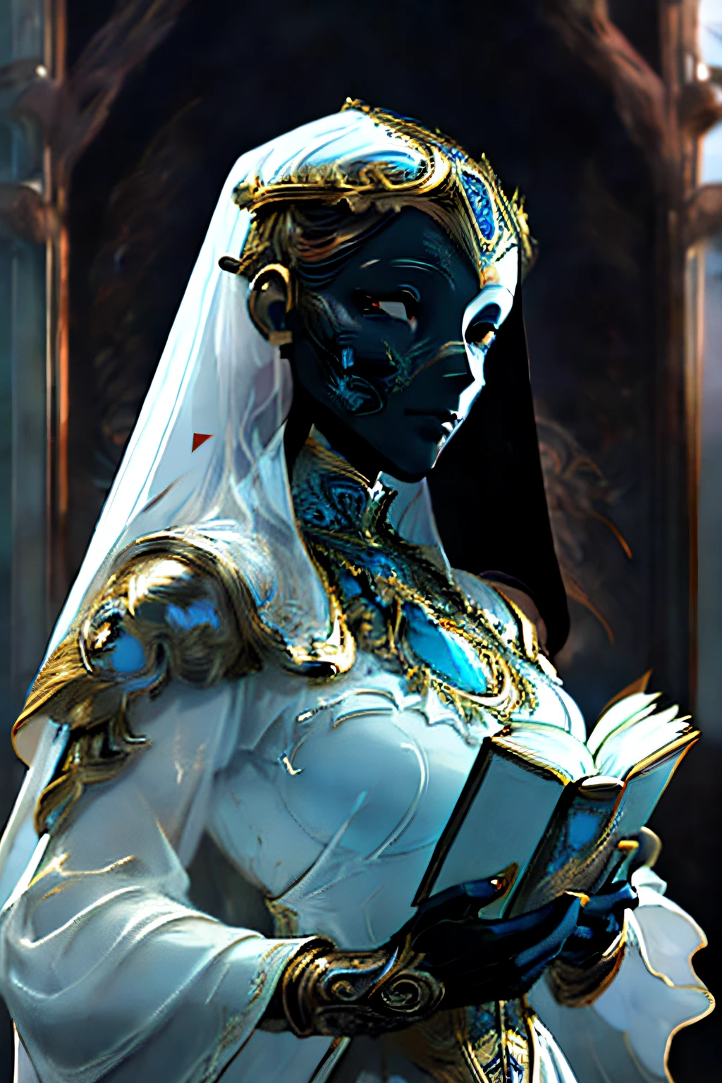 Masterpiece of an assertive, gold and porcelain female robot with a (black porcelain renaissance styled full mask), (pure pale white optics), wearing a veil, grotesque, detailed clothing realistic, intricate stained glass background, holding a book in one hand - high quality, best quality, rococo, ghzel,