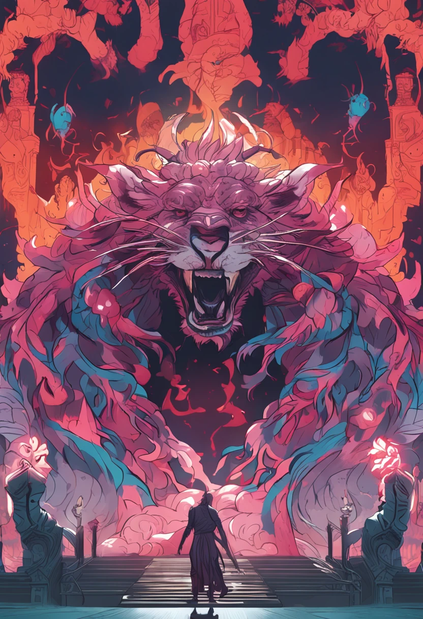 dream colors,tmasterpiece,the detail,film effect,((Rich in color)),mito,An evil creature, Snake body,Sheep horns,A monkey head,Shiny hair,manticore,Rush to the audience,Line,