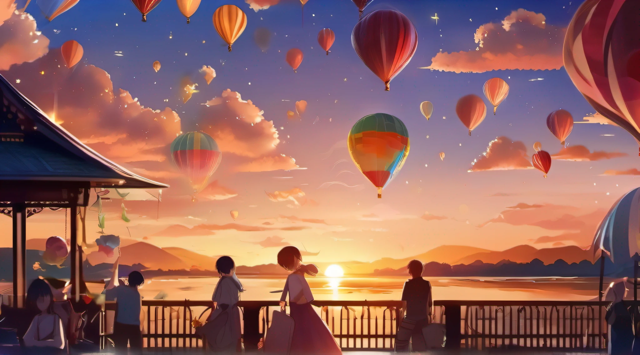 balloon festival, many tourists, sunset gives way to night, a starry sky begins to emerge, immersive image, anime style, book cover style