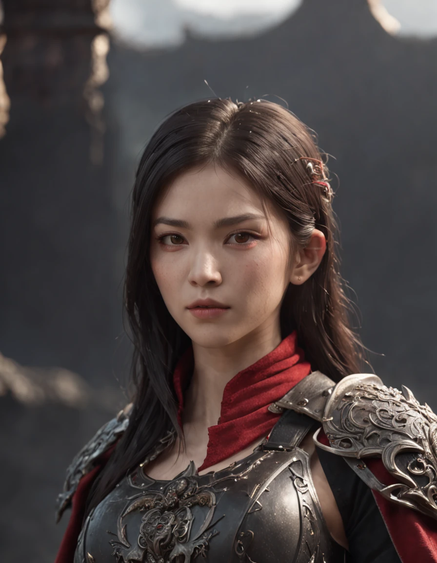 ((Masterpiece)), (illustration), (A high resolution), (((Best quality))), ((Ultra-detailed)), Depth of field, profile, ((Bust Up Shot)), looking at viewert, (1girll), (Solo), Expressionless, ((a beauty girl)), (Beautiful detailed red eyes), (Disheveled hair), Black hair, ((Medium breasts)), hair between eye, Long hair, (complex pattern), ((sharp black armor)), ((Sharp black shoulder armor)), (Gorgeous shoulder armor), (Red shiny rune details on armor), (Red torn cloak), (废墟), Cloud, (Sunset), lighting particle, (breeze), ((embers)), Detailed background, (Surrounded by many beautiful details red crystals), Mountain, (professional 3d render:1.3) af (Realistic:1.3) most beautiful artwork photo in the world，Features soft and shiny male heroes, ((Epic hero fantasy muscle man rough wet hero angry look long hair short beard and ferocious expression in dynamic pose, Fantastic location, Majestic cluttered environment)), full body 8k unity render, action shot, skin pore, very dark lighting, heavyshading, Detailed, Detailed face, (vibrant, photograph realistic, Realistic, Dramatic, Dark, Sharp focus, 8K), (Old leather garments damaged by weathering:1.4), ((((Wear fur)))), (Intricate:1.4), decadent, (Highly detailed:1.4), Digital painting, rendering by octane, art stations, concept-art, smooth, Sharp focus, illustration, Art germ, (loish:0.23), wlop ilya kuvshinov, and greg rutkowski and alphonse mucha gracias, (Global illumination, Studio light, volumettic light), heavy rain, particles floating, lotr, fantasy, elf, full bodyesbian, ((Dark and ancient city background:1.3)),CGSesociety,art station