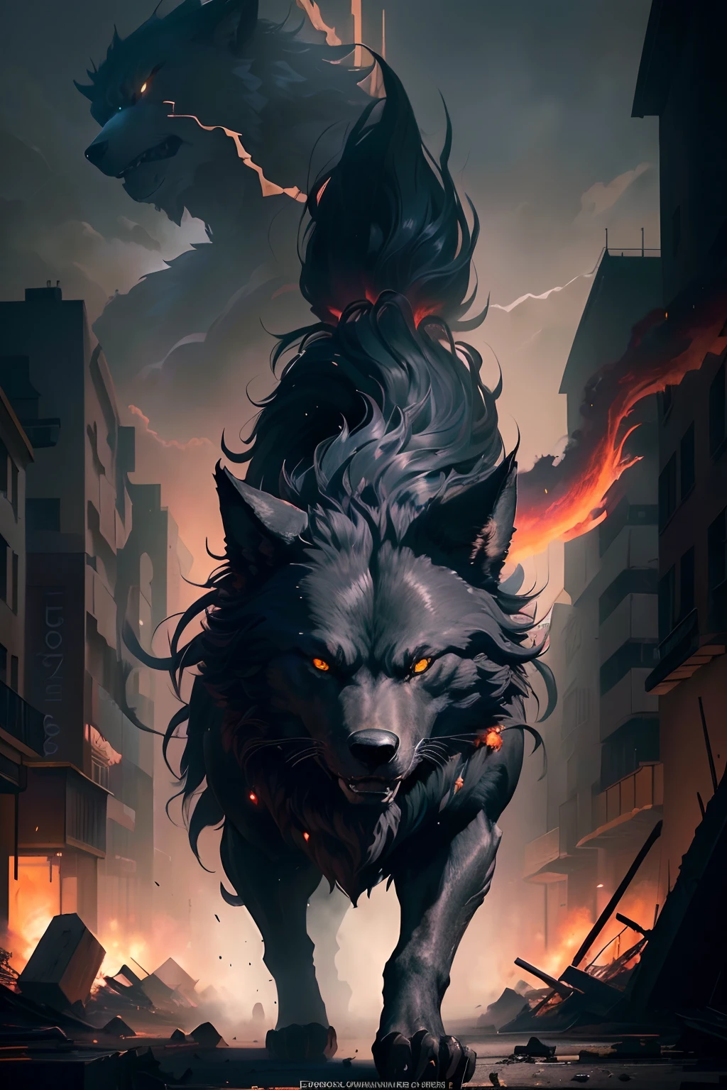 um close up de um grande lobo negro correndo por uma cidade, Fenrir, badass anime 8 k, arte de fantasia urbana estilizada, por Yang J, Lobo no inferno, Dan Mumford Tom Bagshaw, estilo anime 4K, Lobo Negro, Anime Art Wallpaper 4K, Anime Art Wallpaper 4K, Epic Fantasy Digital Art Style, Estilo Andreas Rocha