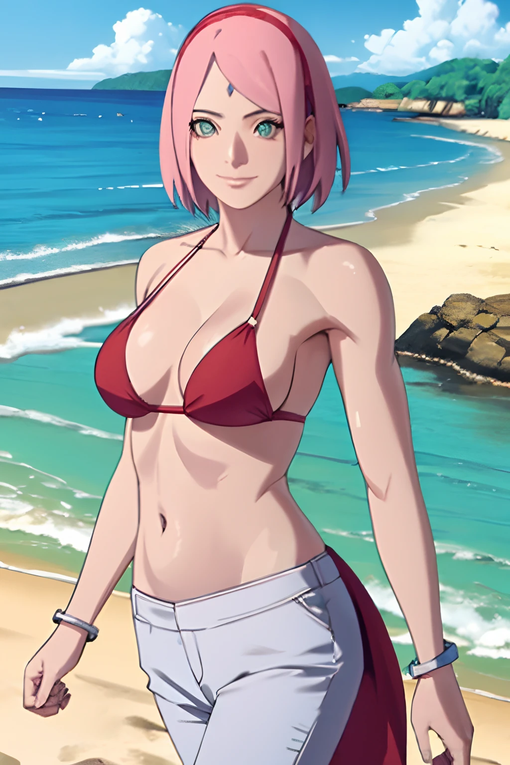 masterpiece, 4k, portrait, cowboy shot, professional artwork, detailed beach background, intricate details, colorful, digital blending, (ultra detailed body, ultra detail hair, ultra detail face), trending on pixiv, kind smile, best quality, anime style: 1.9, 1girl, hires, haruno sakura, (forehead mark, milf, red hairband, pale skin, small breasts, short hair, ((bare neck, red (micro) bikini top, (bikini top only)), white pants), (navel, belly button, bracelet, pink hair, closed mouth, big eyes), smile, beach, wind, floating hair, detailed arms, off-shoulders, broad shoulders, (slightly muscular arms, slightly strong biceps), (dirty armpits, armpit pocket), standing)