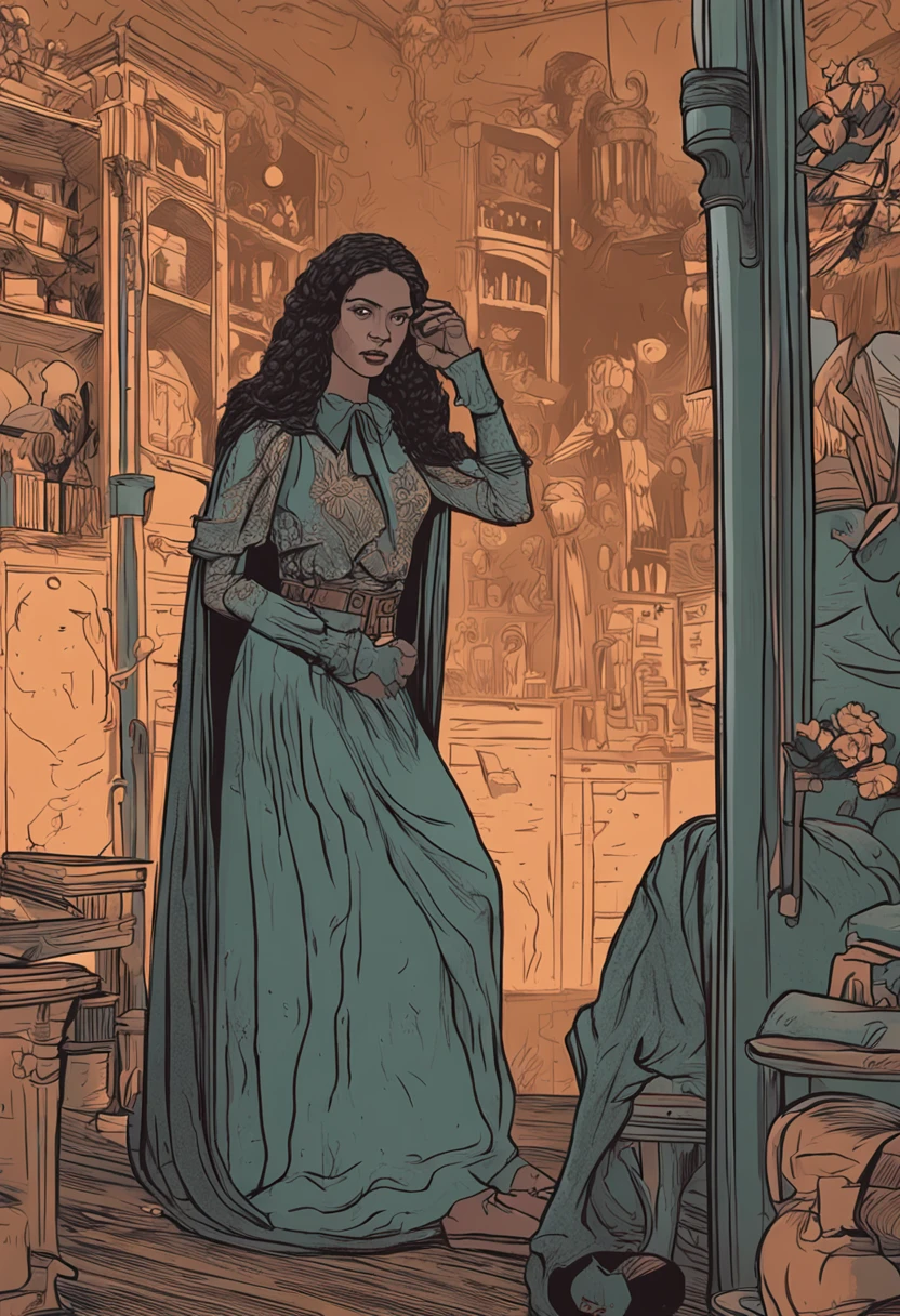 A young woman of the nineteenth century, she is a Missionary and was summoned to be an investigator for Call of Cthulhu, a horror RPG, ela possui longos cabelos negros, e olhos negros