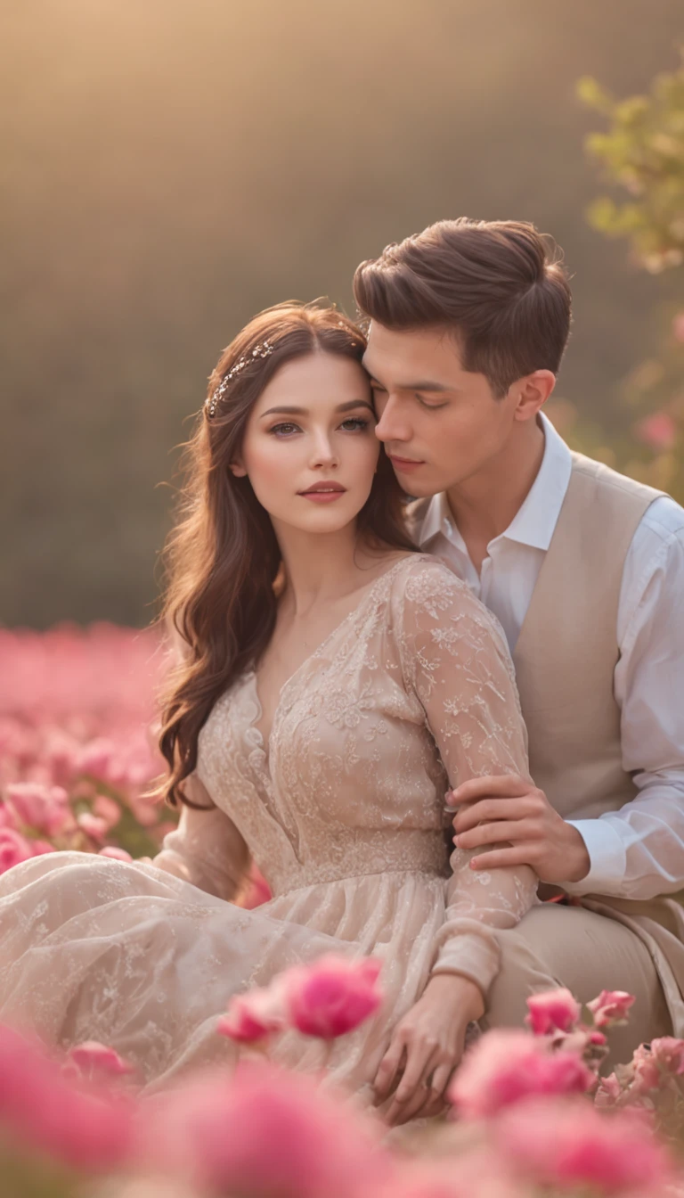 In a romantic atmosphere,couple cuddling,Walk in the Sea of Roses,Under the stars,Feel the romantic theme of Valentine's Day。