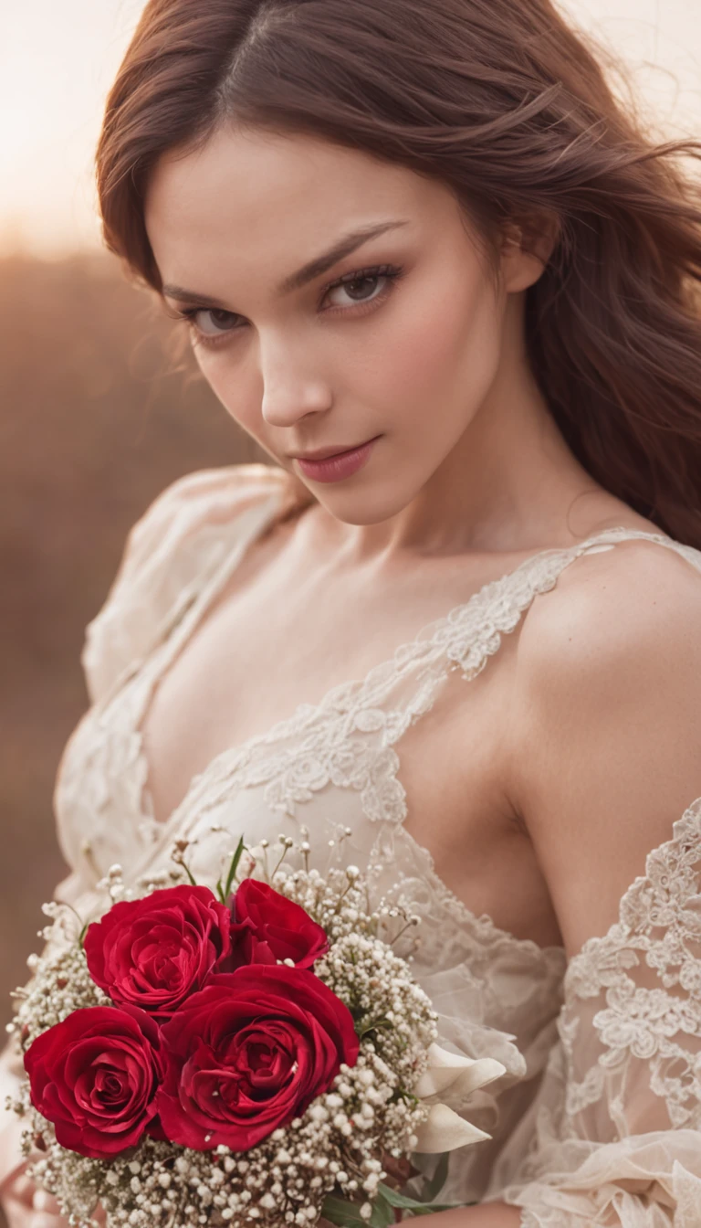 In a romantic atmosphere,couple cuddling,Walk in the Sea of Roses,Under the stars,Feel the romantic theme of Valentine's Day。