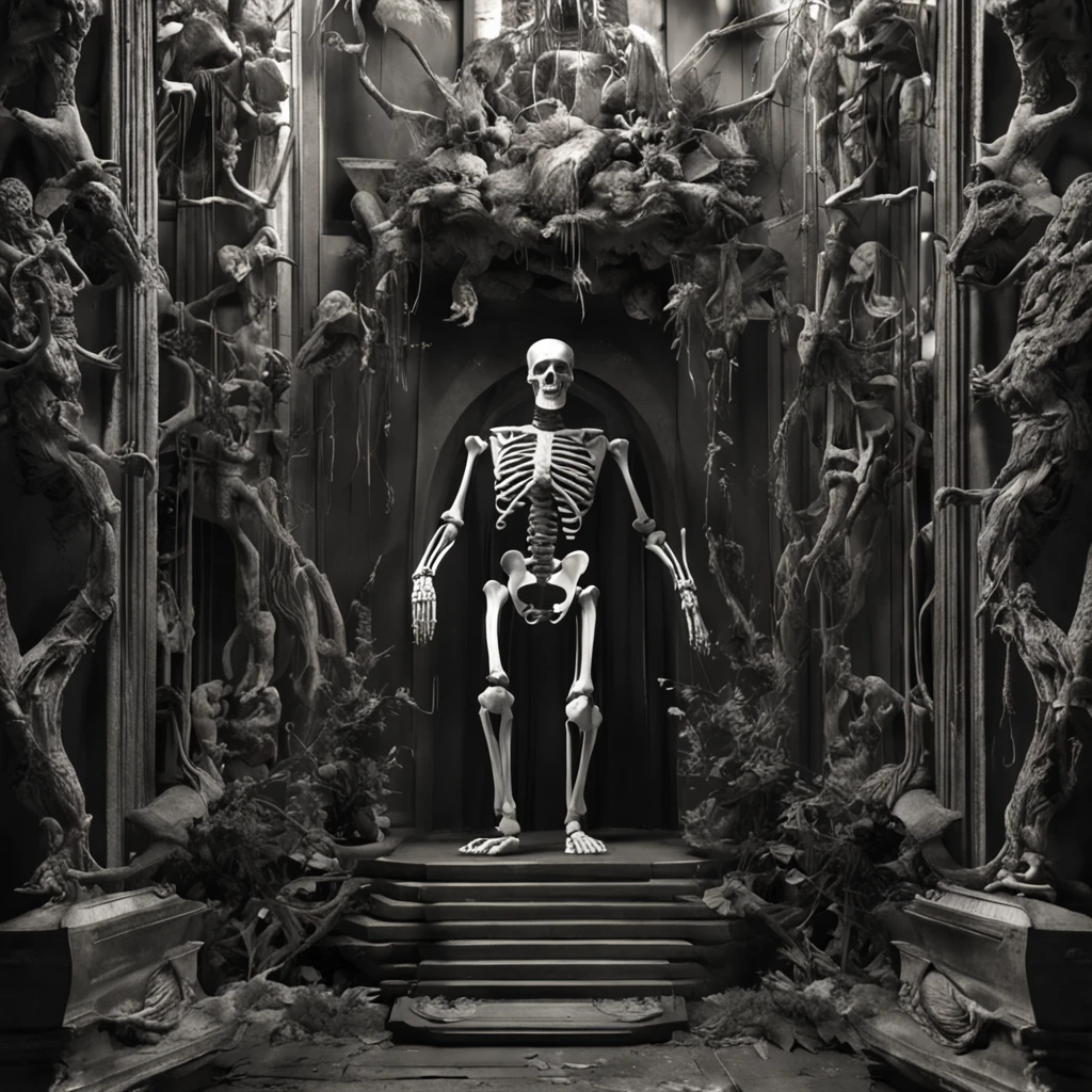 Best quality, Masterpiece, 超高分辨率, (photograph realistic:1.4), surrealism, Dream-like,fusionart, skeleton, portal, shadow magic, darkness control, stealth,